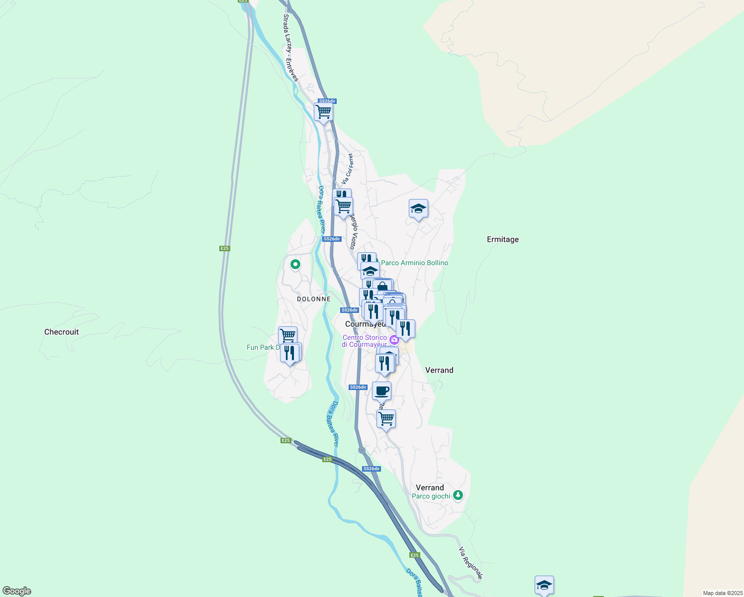 map of restaurants, bars, coffee shops, grocery stores, and more near 106 Via Circonvallazione in Courmayeur