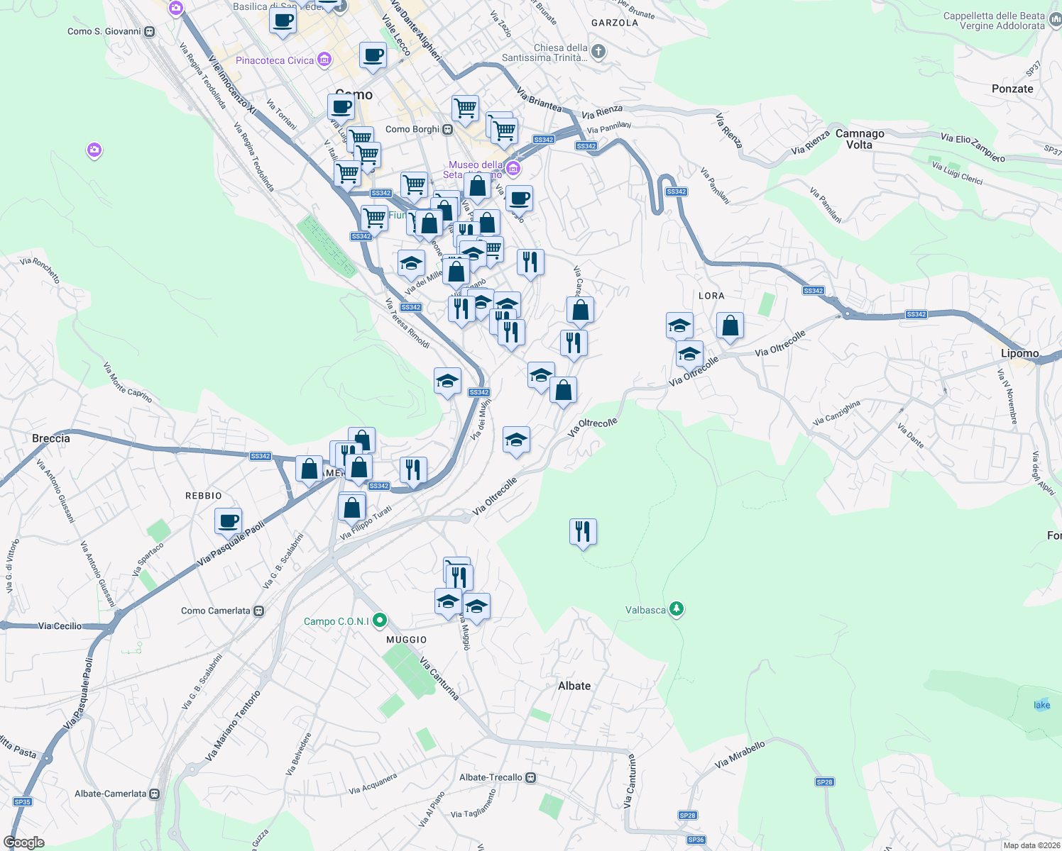 map of restaurants, bars, coffee shops, grocery stores, and more near 3 Via Silvestro da Siena Frà in Como