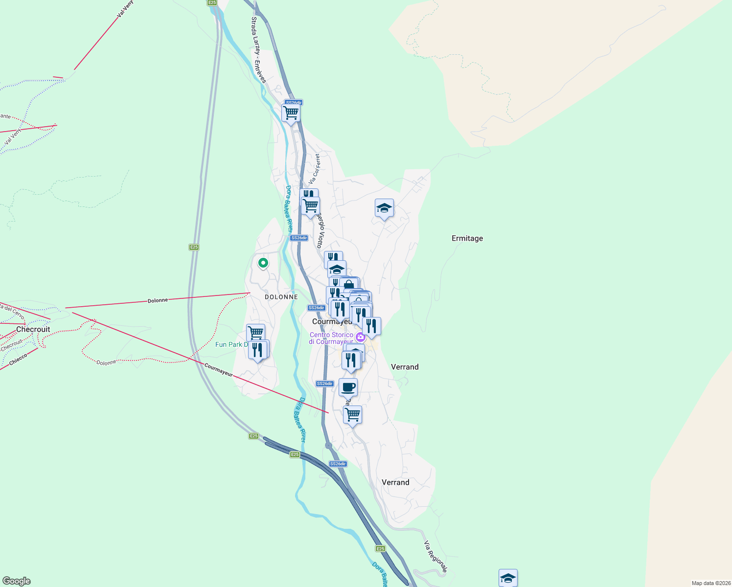 map of restaurants, bars, coffee shops, grocery stores, and more near 3 Via Roma in Courmayeur