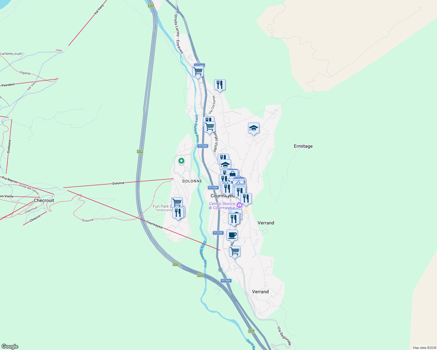 map of restaurants, bars, coffee shops, grocery stores, and more near 58 Viale Monte Bianco in Courmayeur