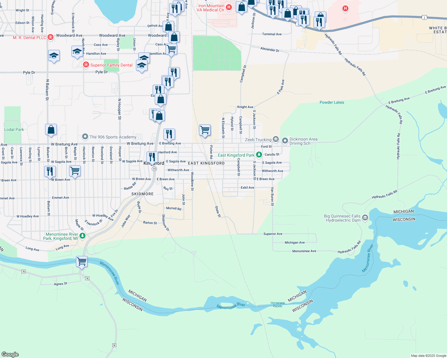 map of restaurants, bars, coffee shops, grocery stores, and more near 699 Elizabeth St in Kingsford