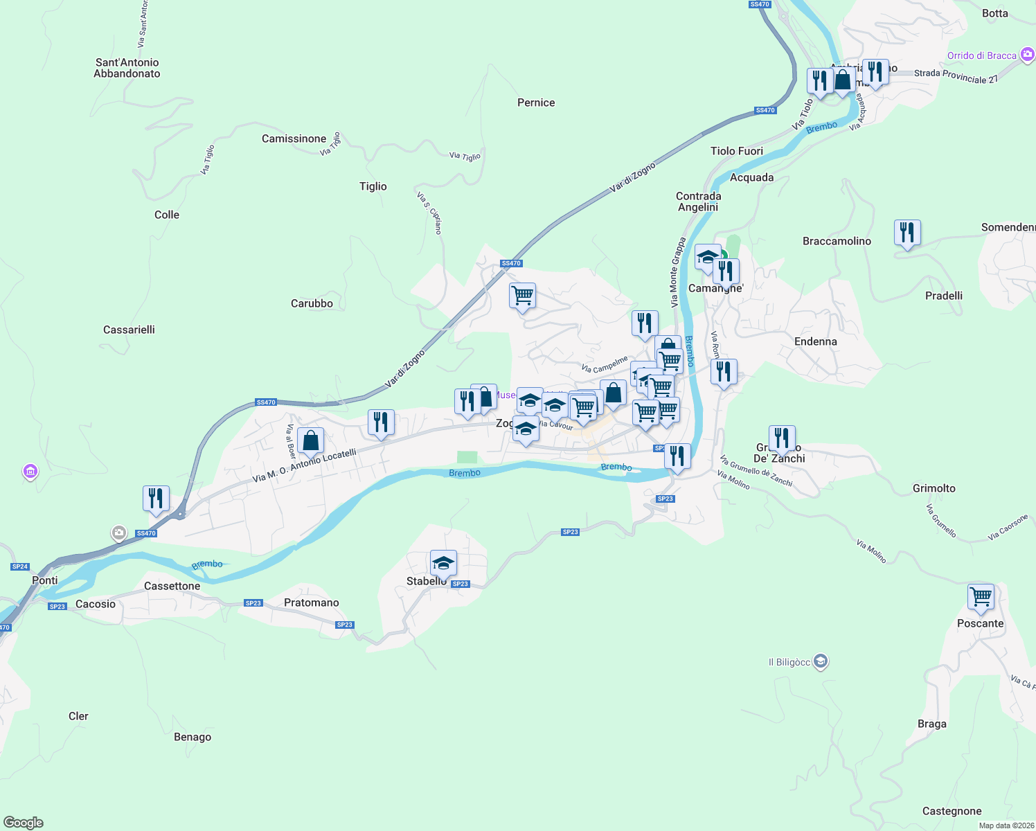 map of restaurants, bars, coffee shops, grocery stores, and more near in Zogno