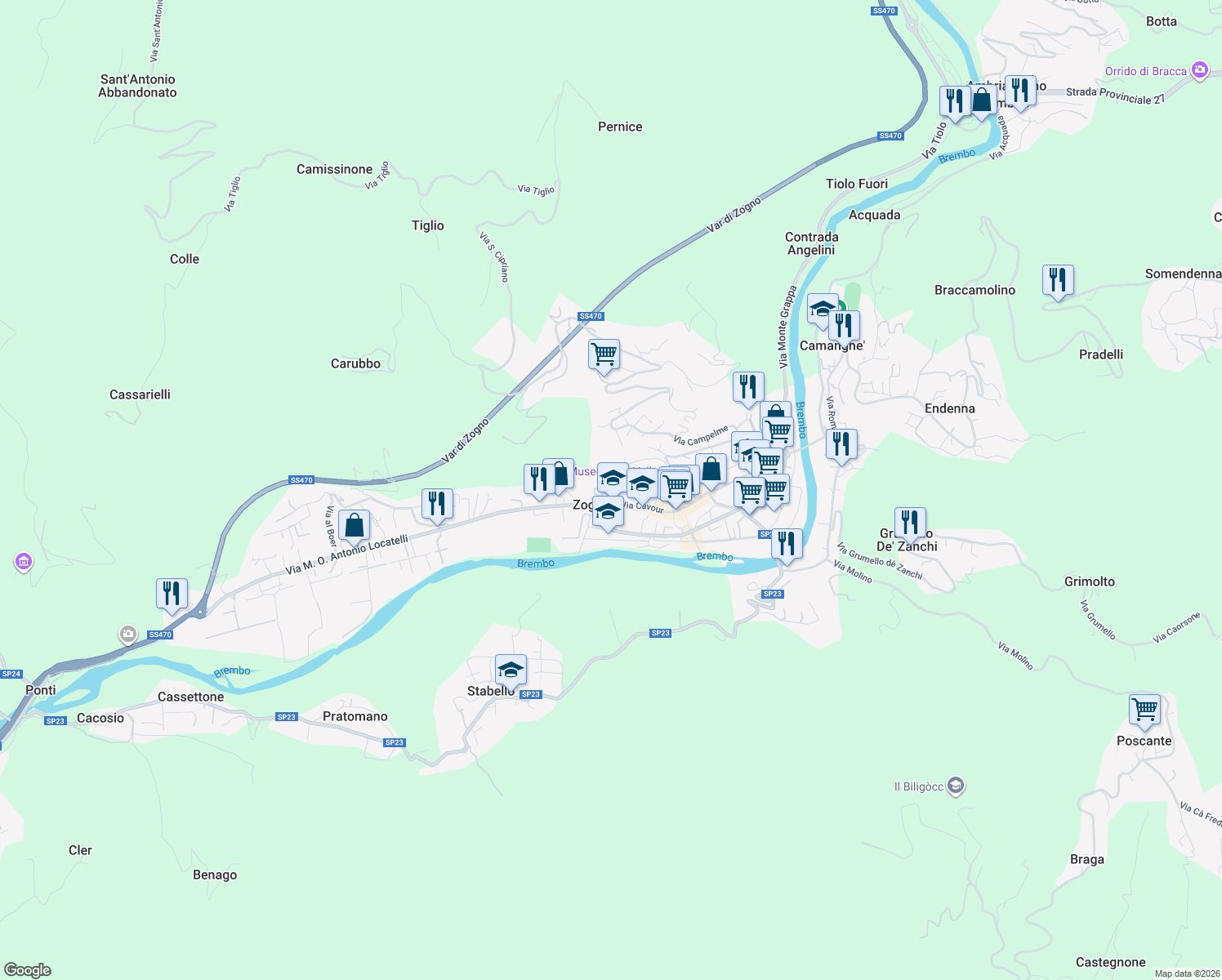 map of restaurants, bars, coffee shops, grocery stores, and more near in Zogno