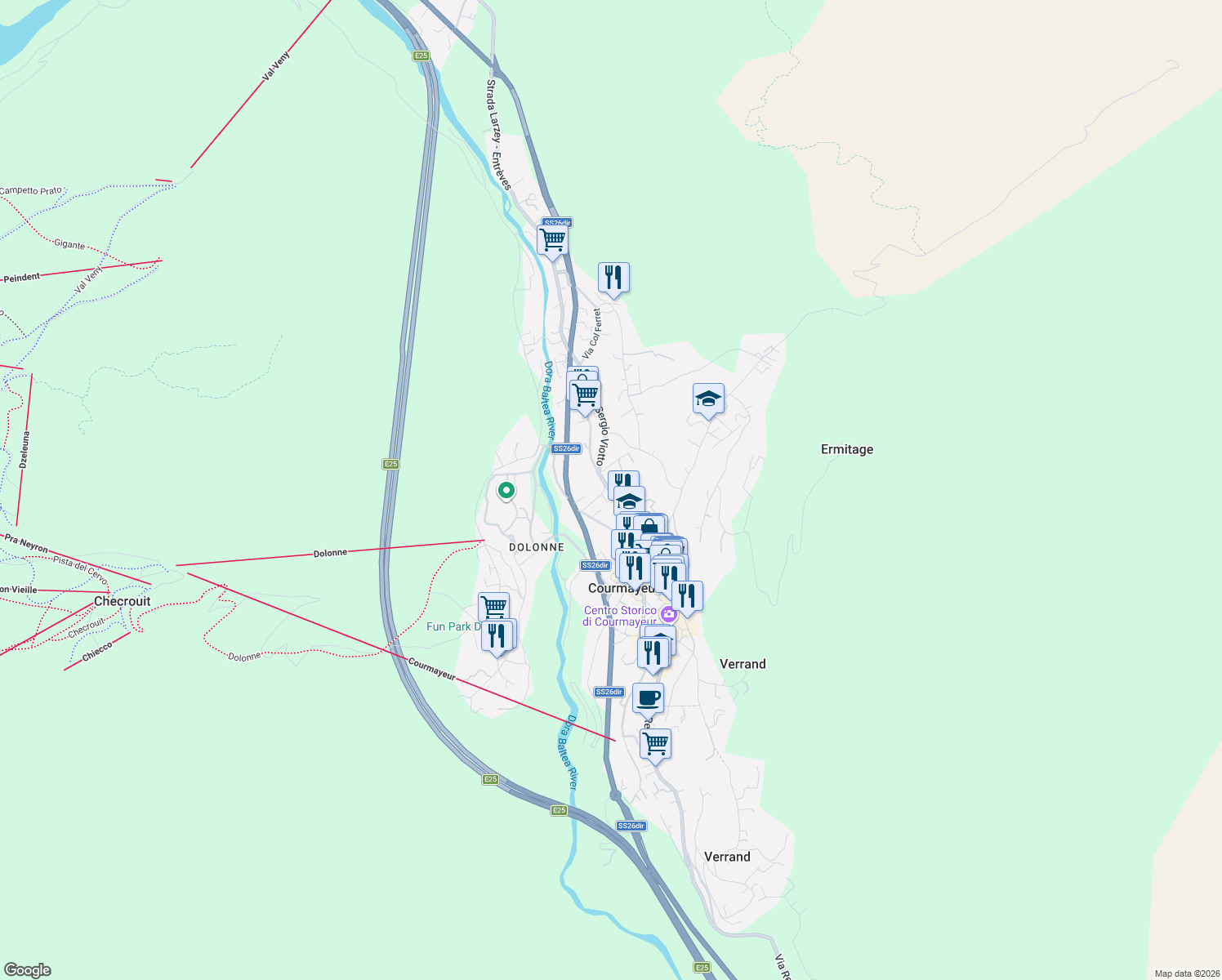 map of restaurants, bars, coffee shops, grocery stores, and more near 58 Viale Monte Bianco in Courmayeur