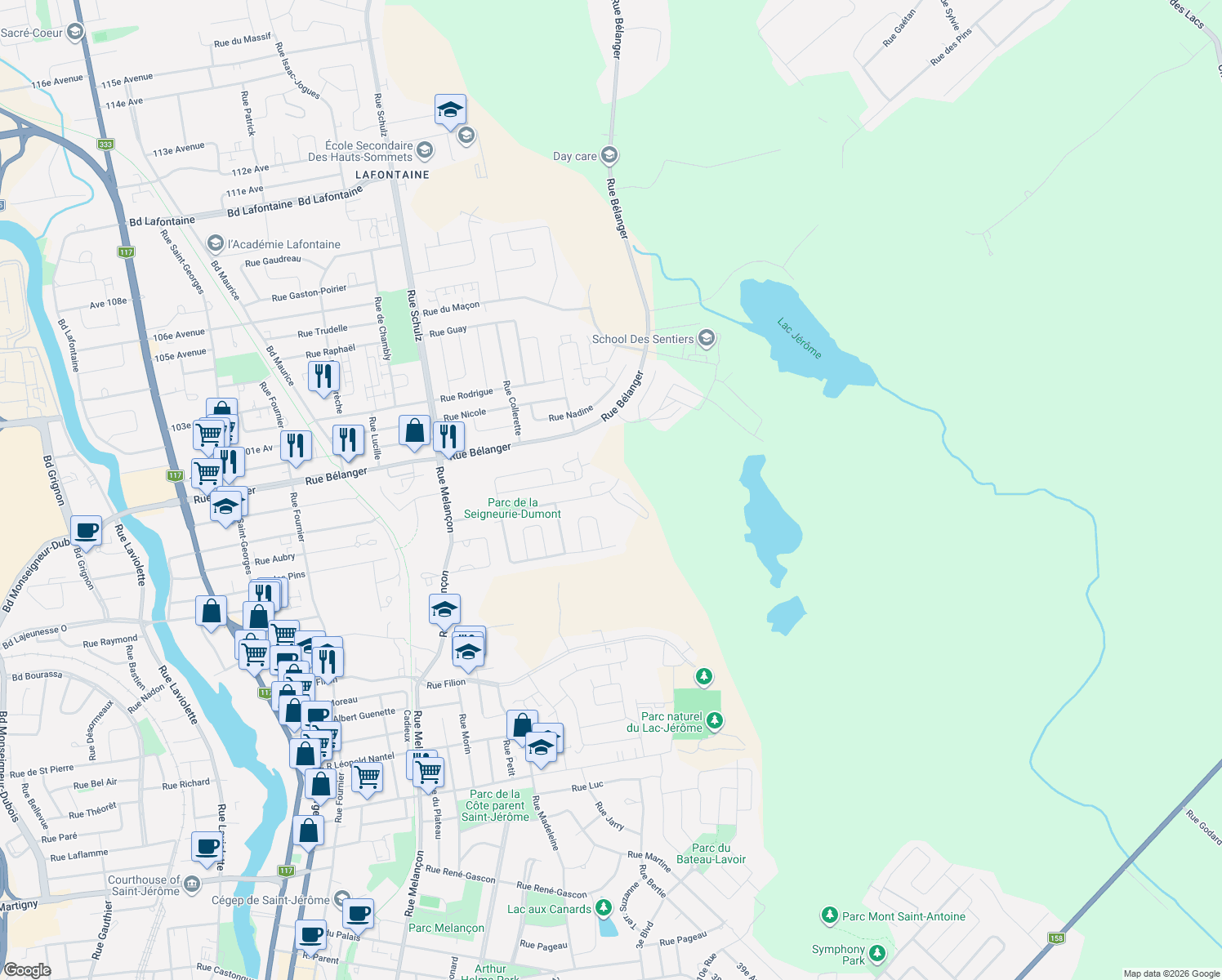 map of restaurants, bars, coffee shops, grocery stores, and more near 847 Boulevard des Seigneurs Dumont in Saint-Jérôme