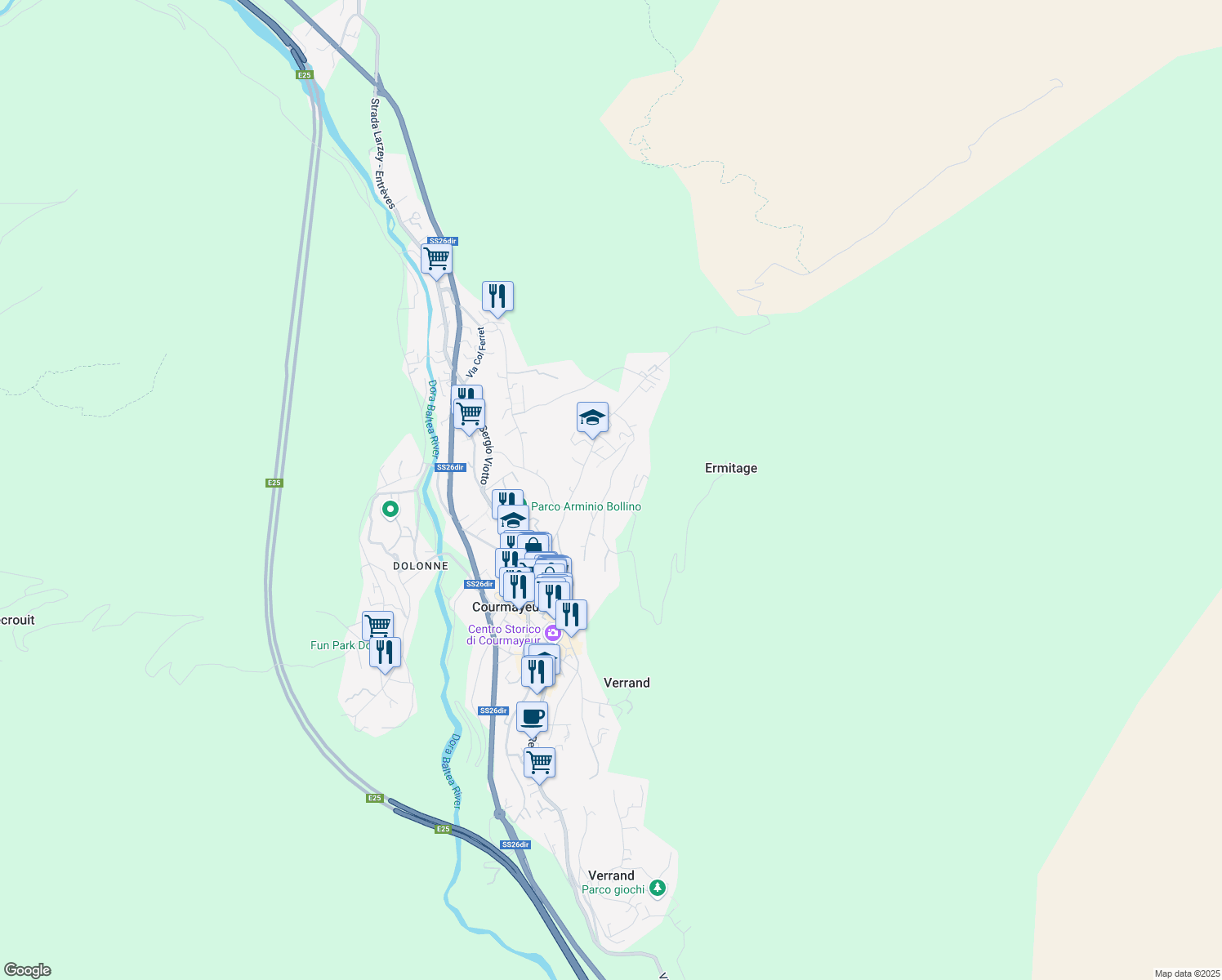 map of restaurants, bars, coffee shops, grocery stores, and more near 20 Strada per Plan Gorret in Courmayeur