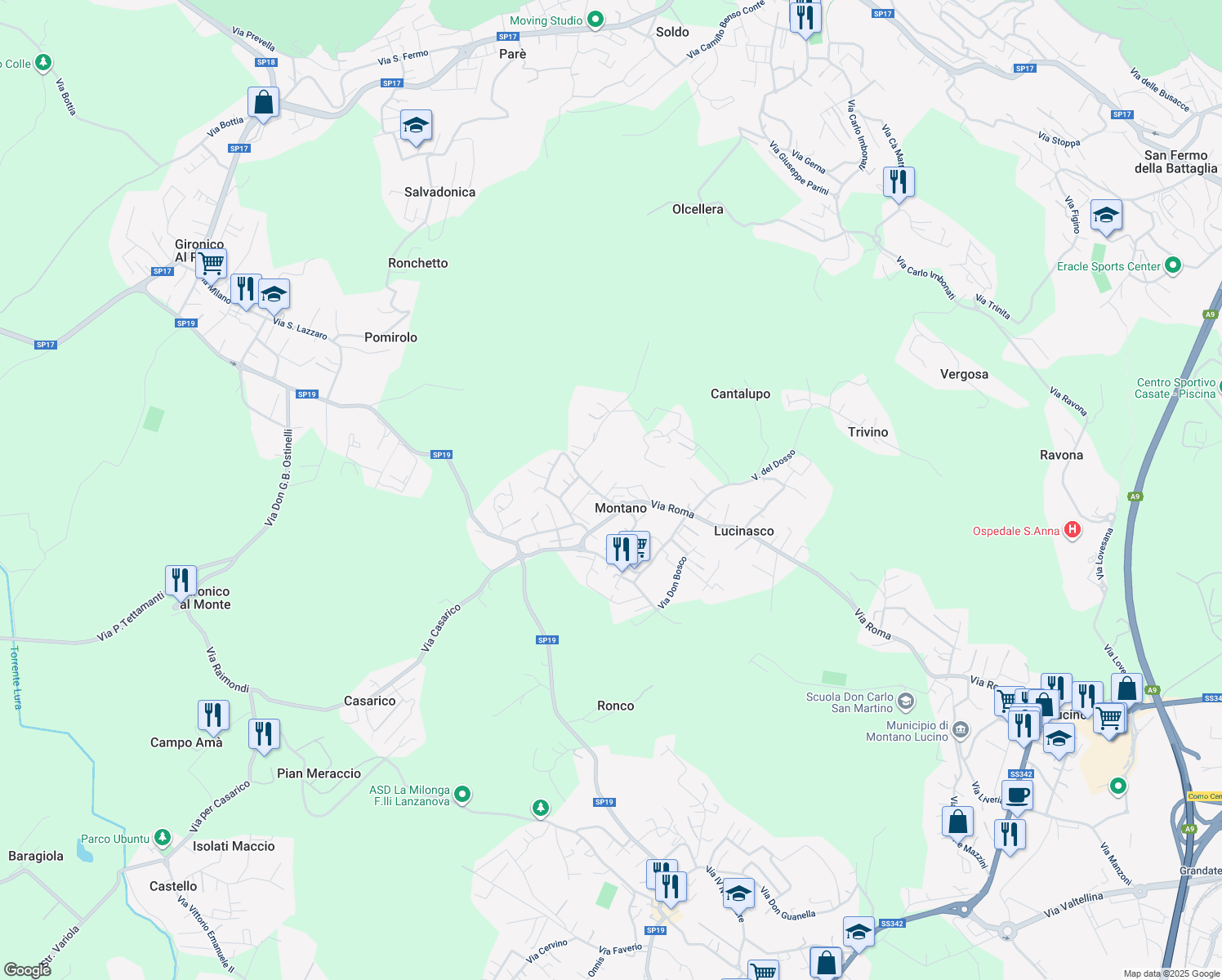 map of restaurants, bars, coffee shops, grocery stores, and more near 9 Via Giuseppe Garibaldi in Montano