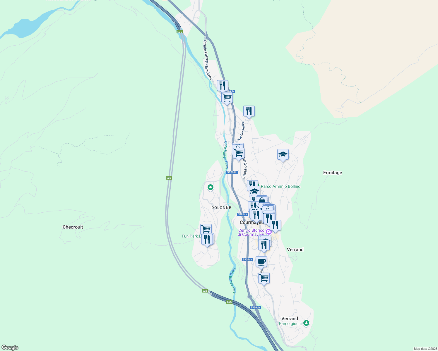 map of restaurants, bars, coffee shops, grocery stores, and more near 2 Via Dela Setado in Courmayeur
