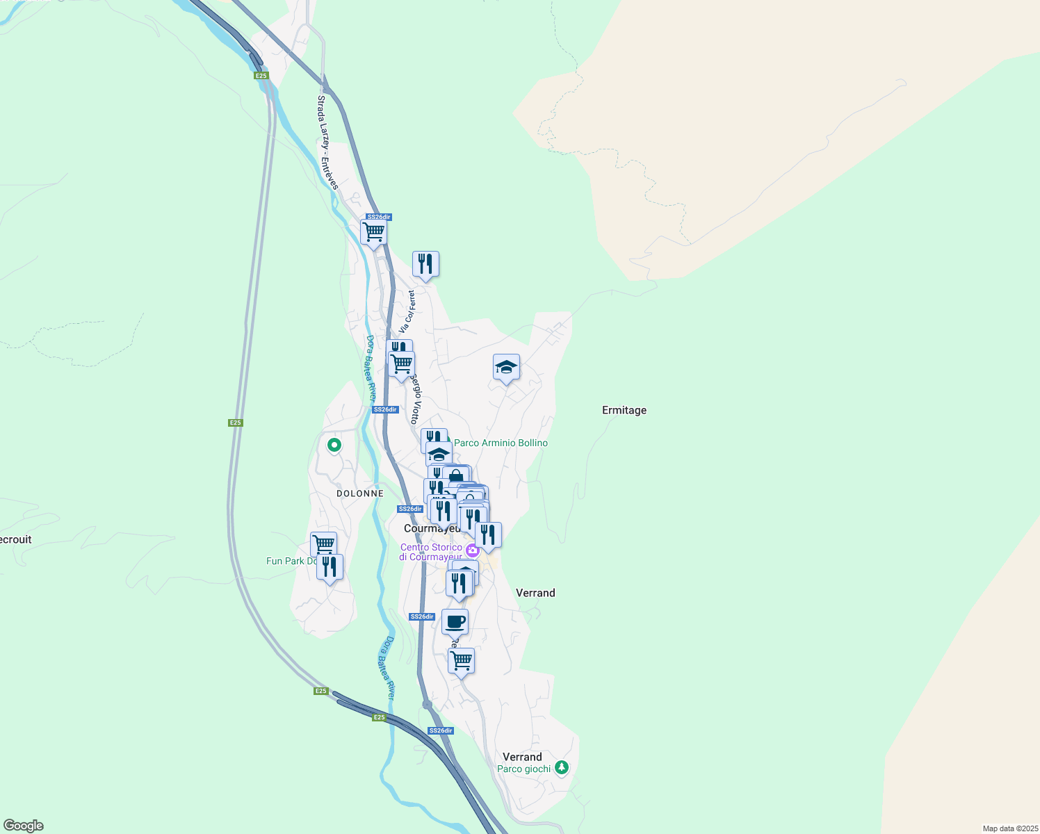 map of restaurants, bars, coffee shops, grocery stores, and more near 20 Strada per Plan Gorret in Courmayeur