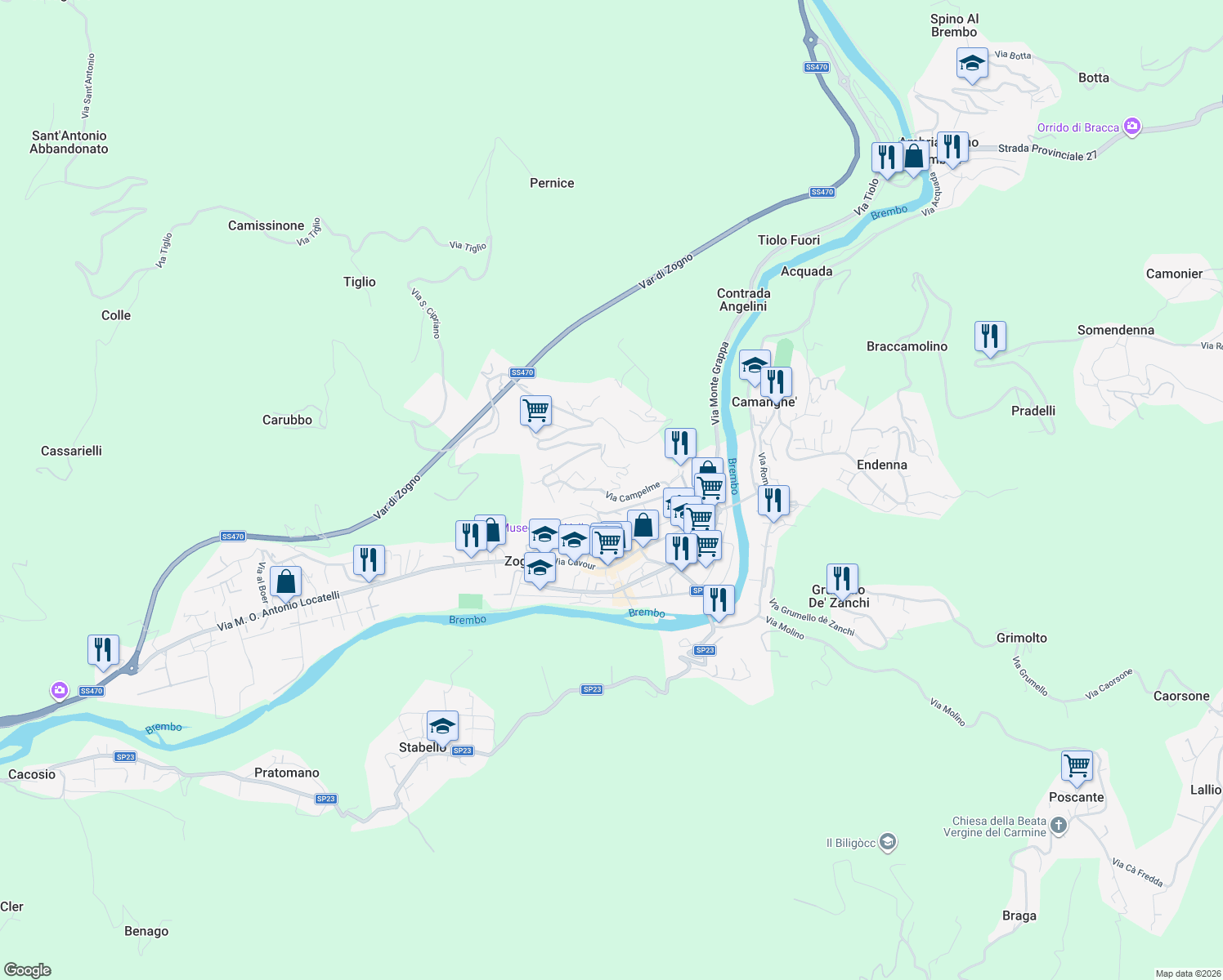map of restaurants, bars, coffee shops, grocery stores, and more near 2 Via Cornella in Provincia di Bergamo