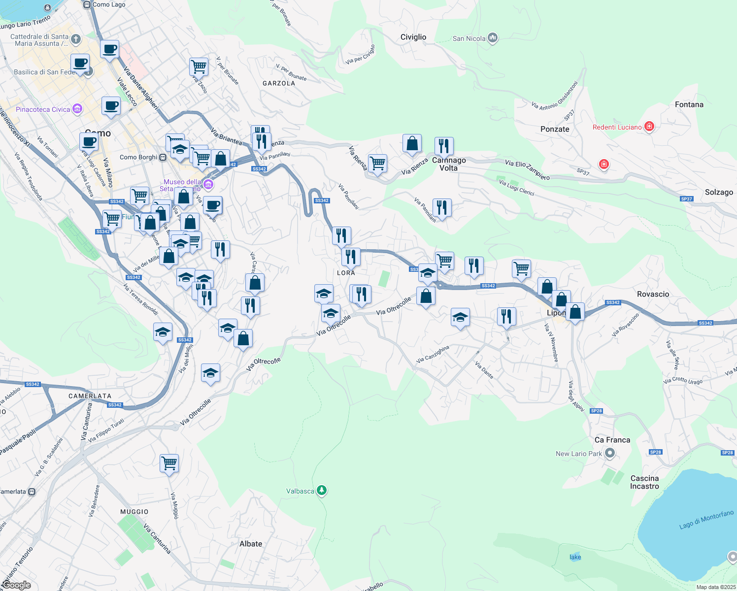 map of restaurants, bars, coffee shops, grocery stores, and more near 7 Via Bosco Don Giovanni in Como