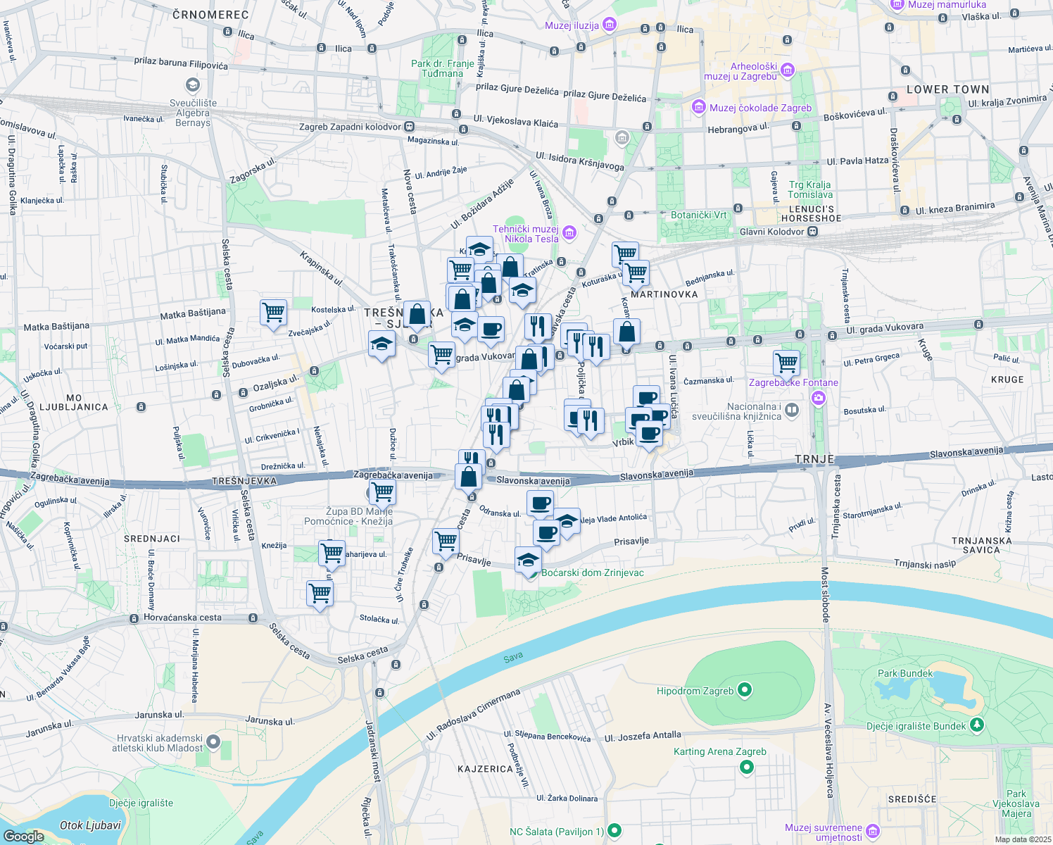 map of restaurants, bars, coffee shops, grocery stores, and more near 79C Savska cesta in Zagreb