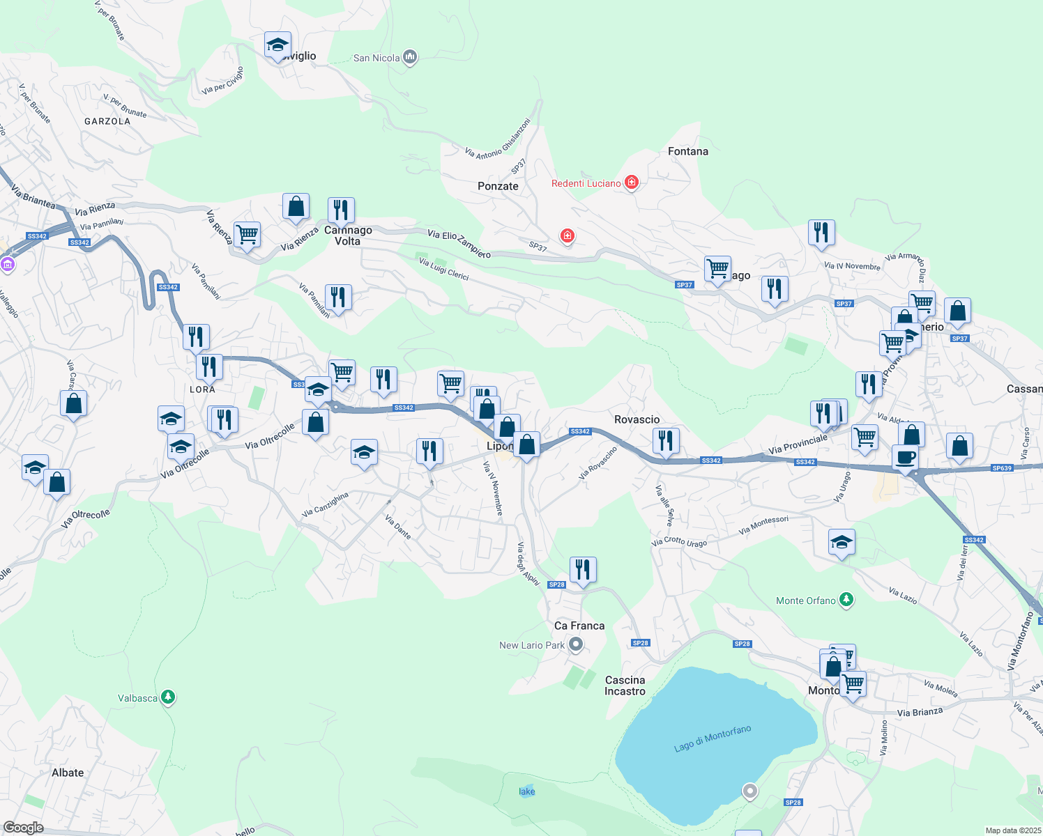 map of restaurants, bars, coffee shops, grocery stores, and more near 3 Via Torrente Cosia in Lipomo