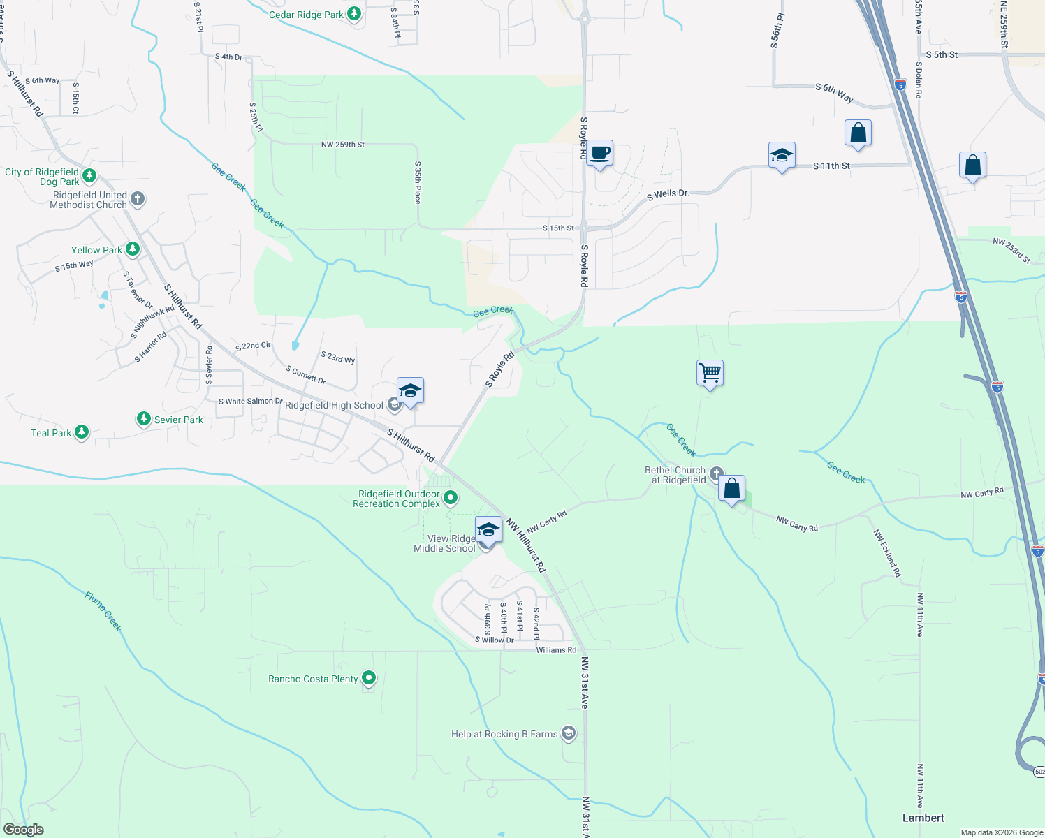 map of restaurants, bars, coffee shops, grocery stores, and more near 24217 Northwest Meuller Road in Ridgefield