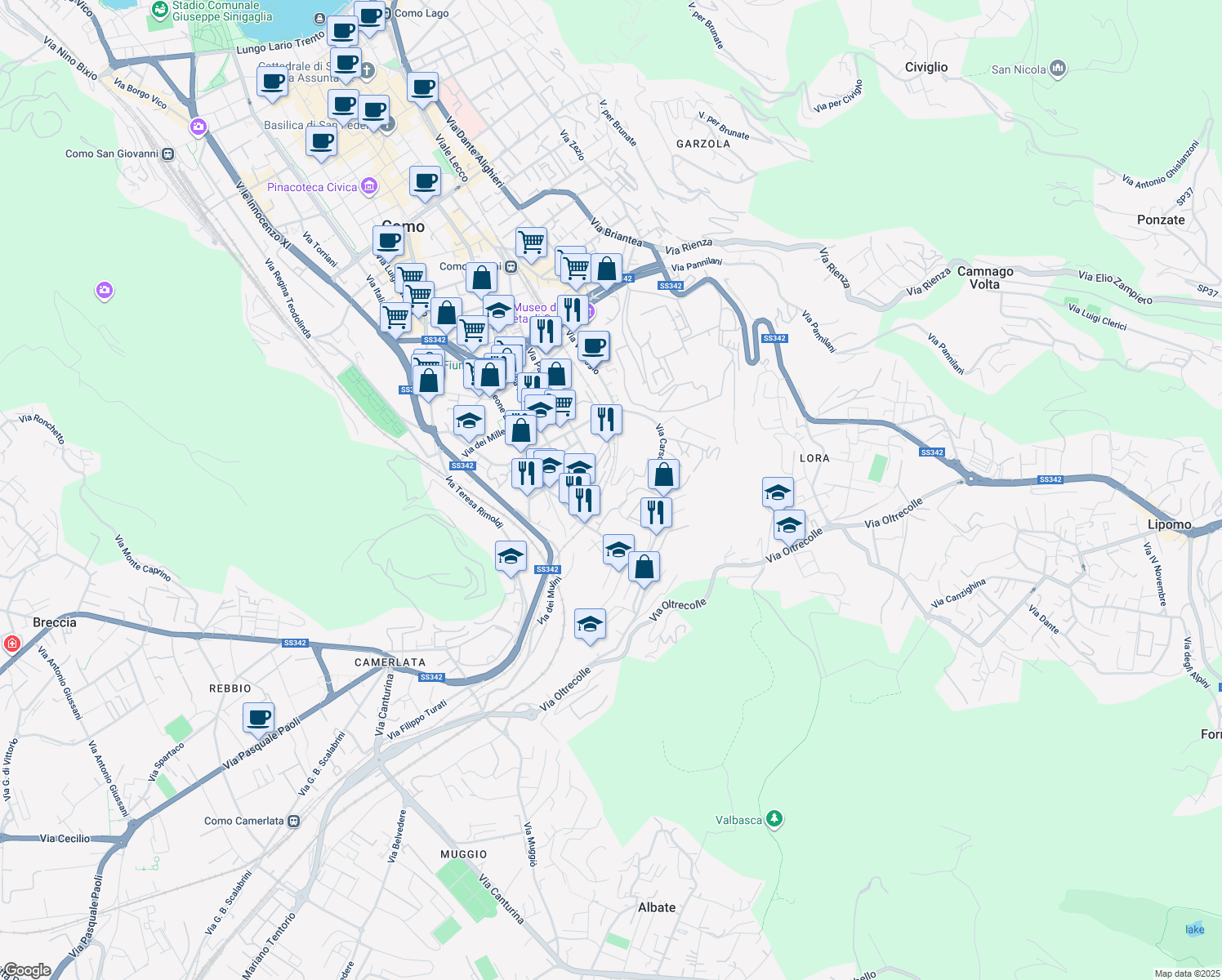 map of restaurants, bars, coffee shops, grocery stores, and more near 4 Salita dei Cappuccini in Como