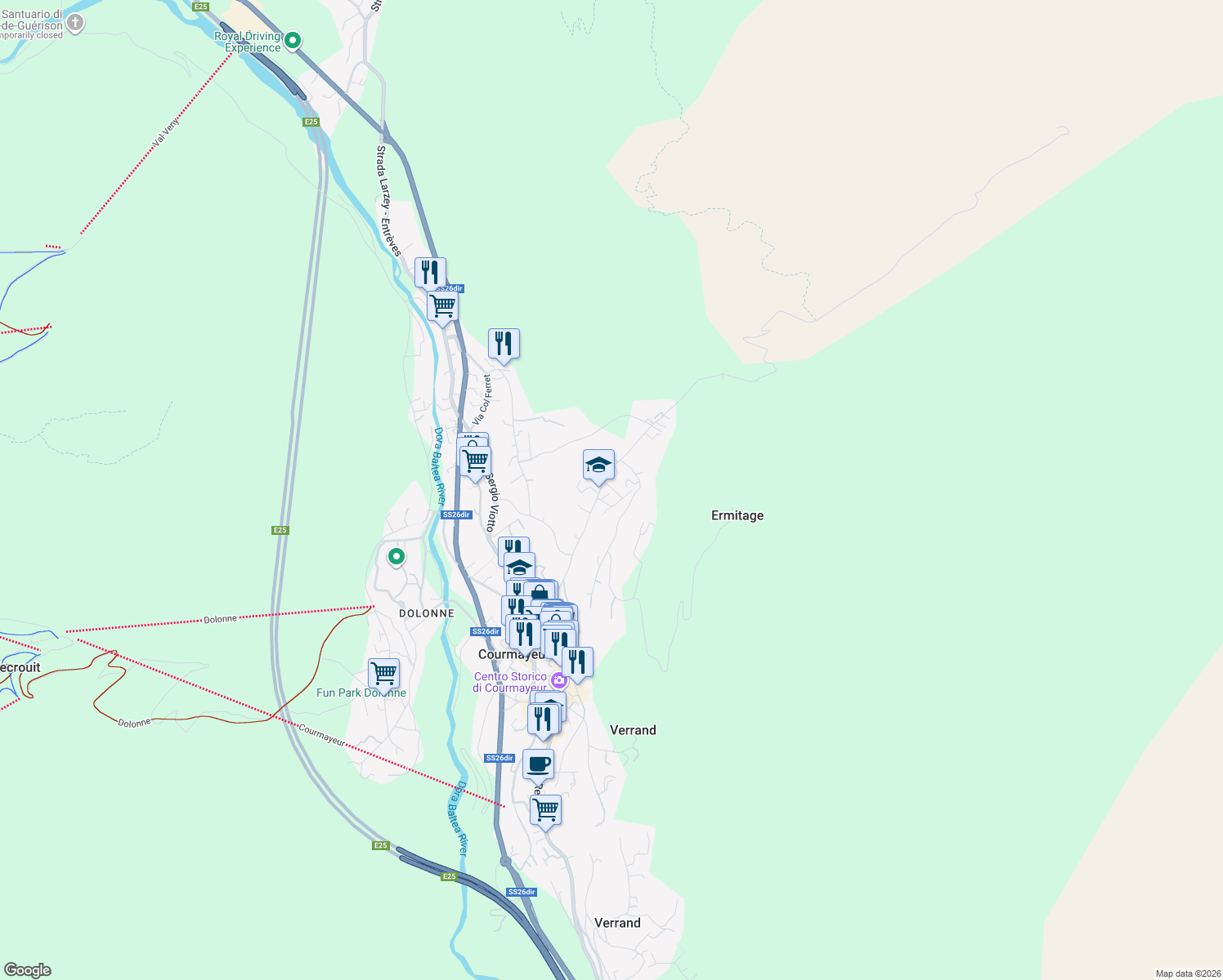 map of restaurants, bars, coffee shops, grocery stores, and more near 5 Via Rue Santa Barbara in Courmayeur