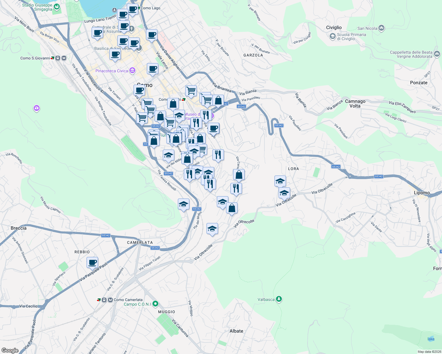 map of restaurants, bars, coffee shops, grocery stores, and more near 4 Salita dei Cappuccini in Como