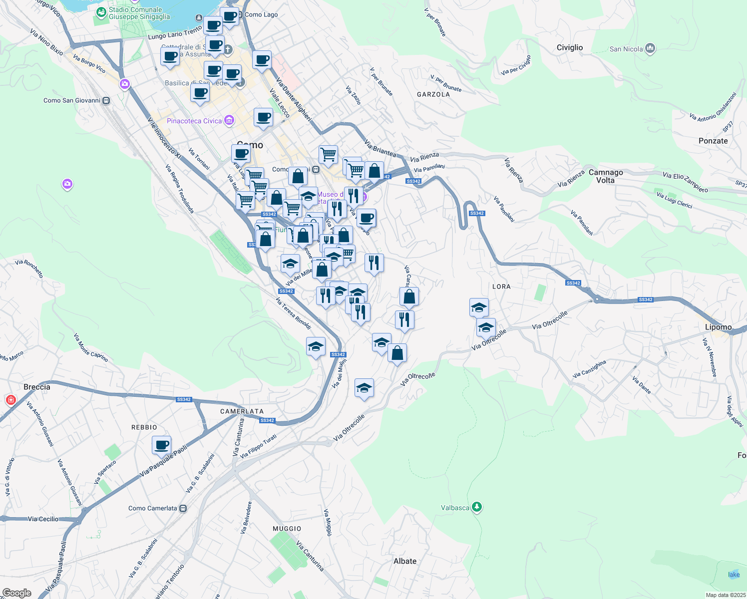 map of restaurants, bars, coffee shops, grocery stores, and more near 4 Salita dei Cappuccini in Como