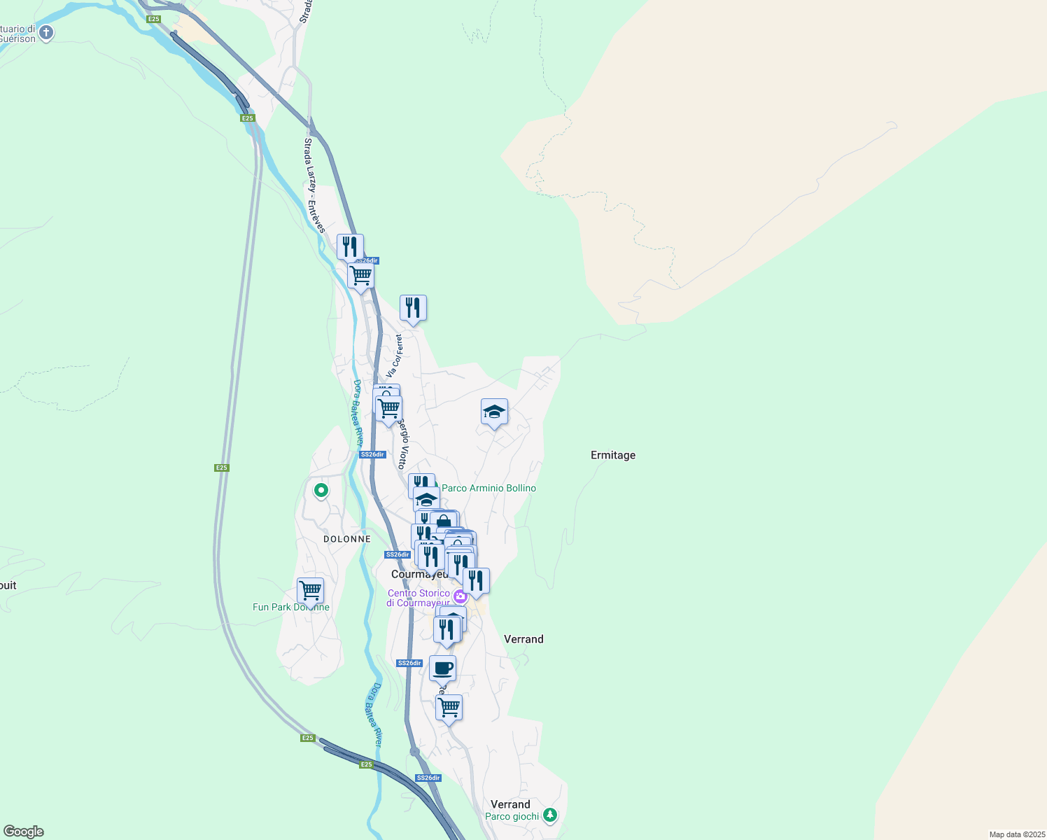 map of restaurants, bars, coffee shops, grocery stores, and more near 31 Strada per Plan Gorret in Courmayeur