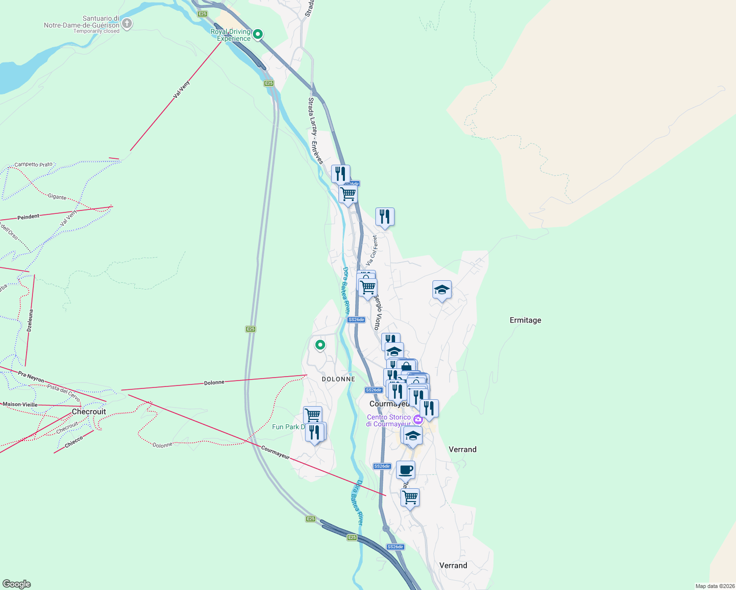 map of restaurants, bars, coffee shops, grocery stores, and more near 28 Via dei Bagni in Courmayeur