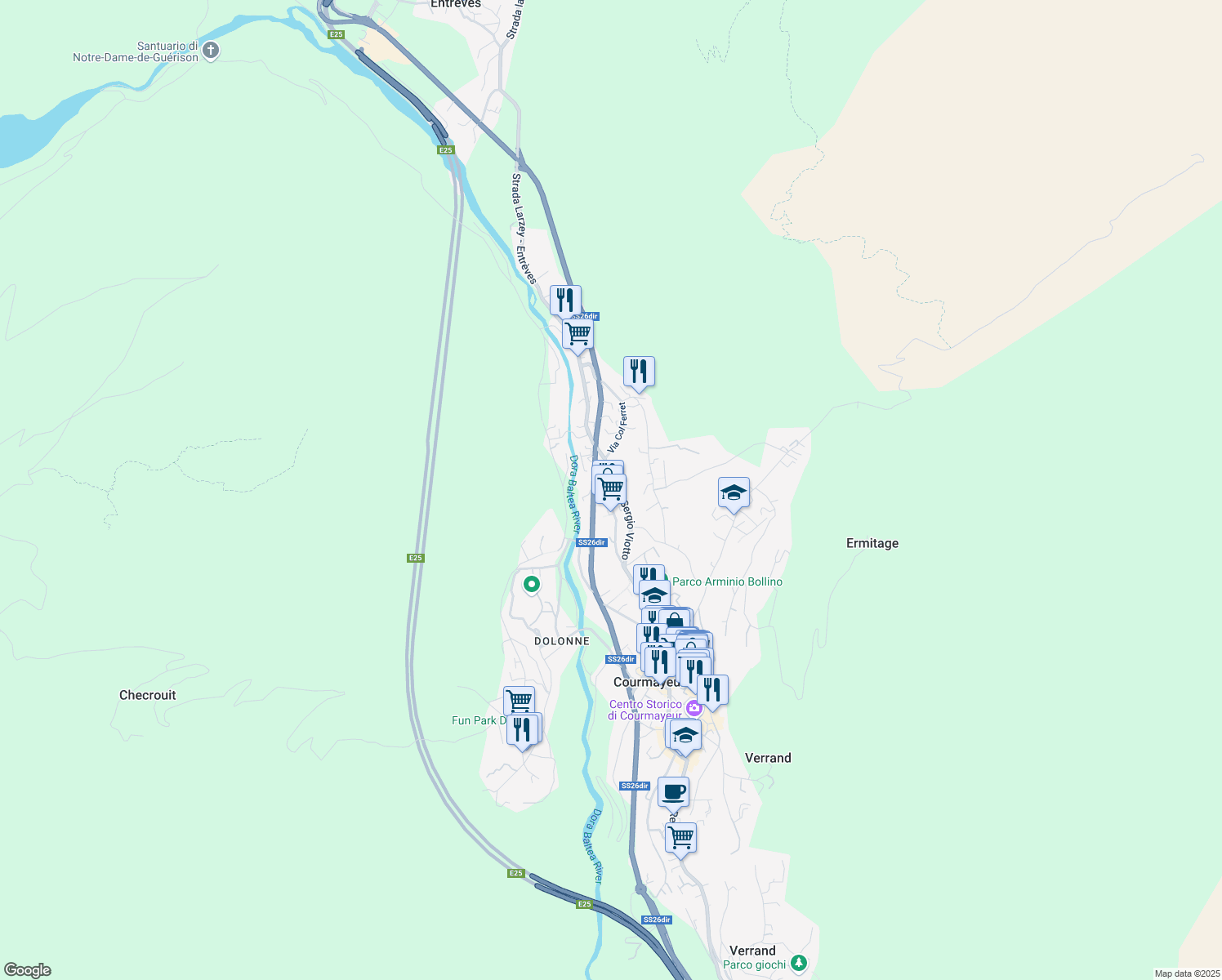 map of restaurants, bars, coffee shops, grocery stores, and more near 28 Via dei Bagni in Courmayeur