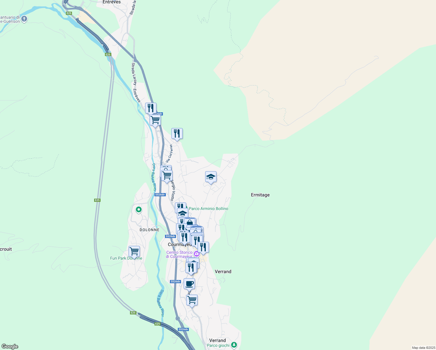 map of restaurants, bars, coffee shops, grocery stores, and more near 31 Strada per Plan Gorret in Courmayeur