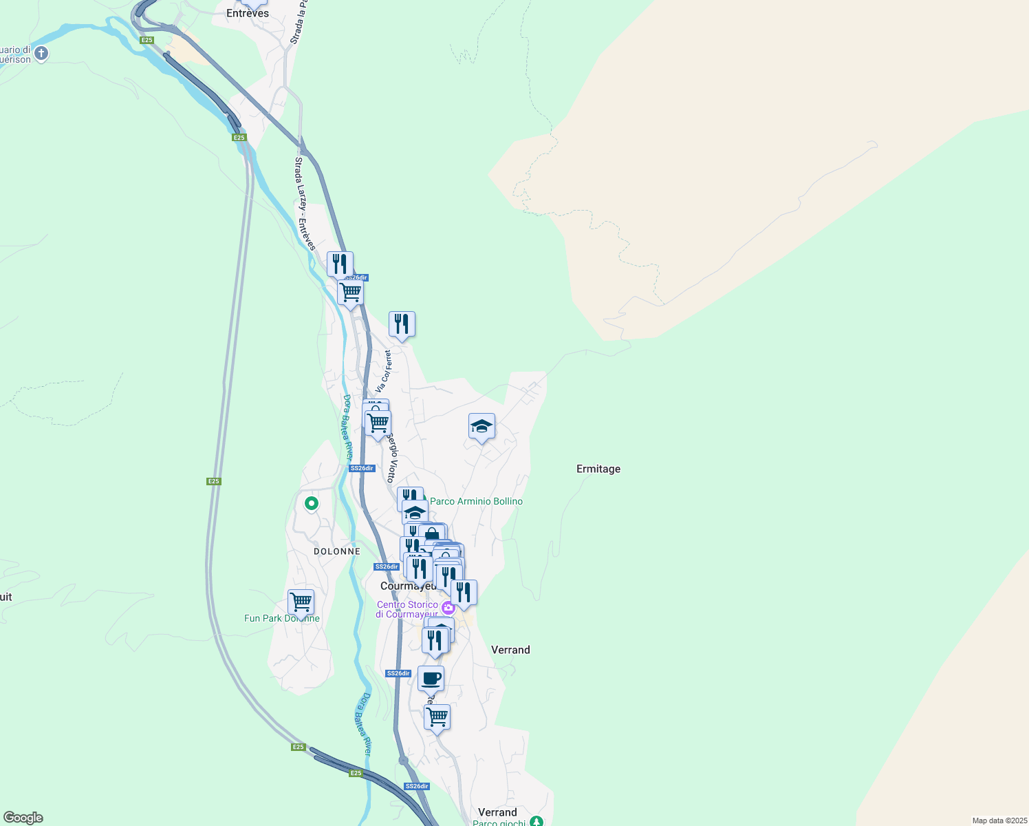 map of restaurants, bars, coffee shops, grocery stores, and more near 45 Strada del Villair in Courmayeur