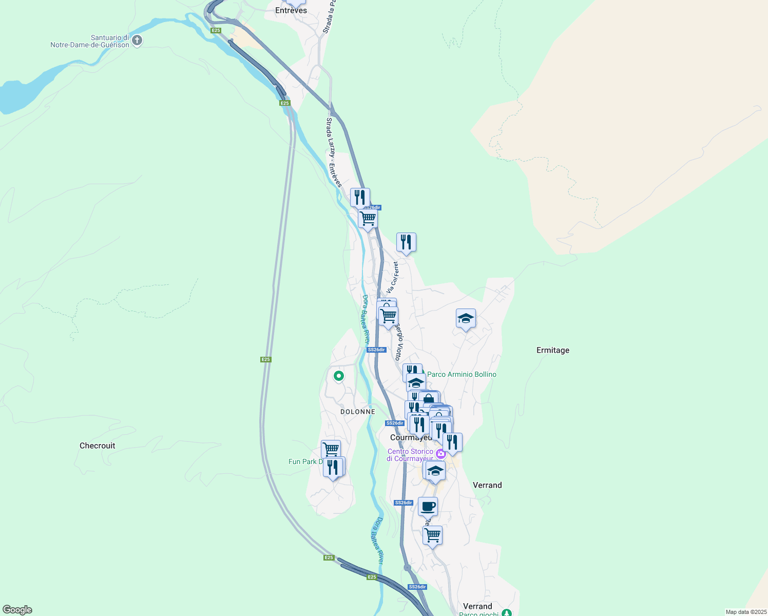 map of restaurants, bars, coffee shops, grocery stores, and more near 28 Via dei Bagni in Courmayeur