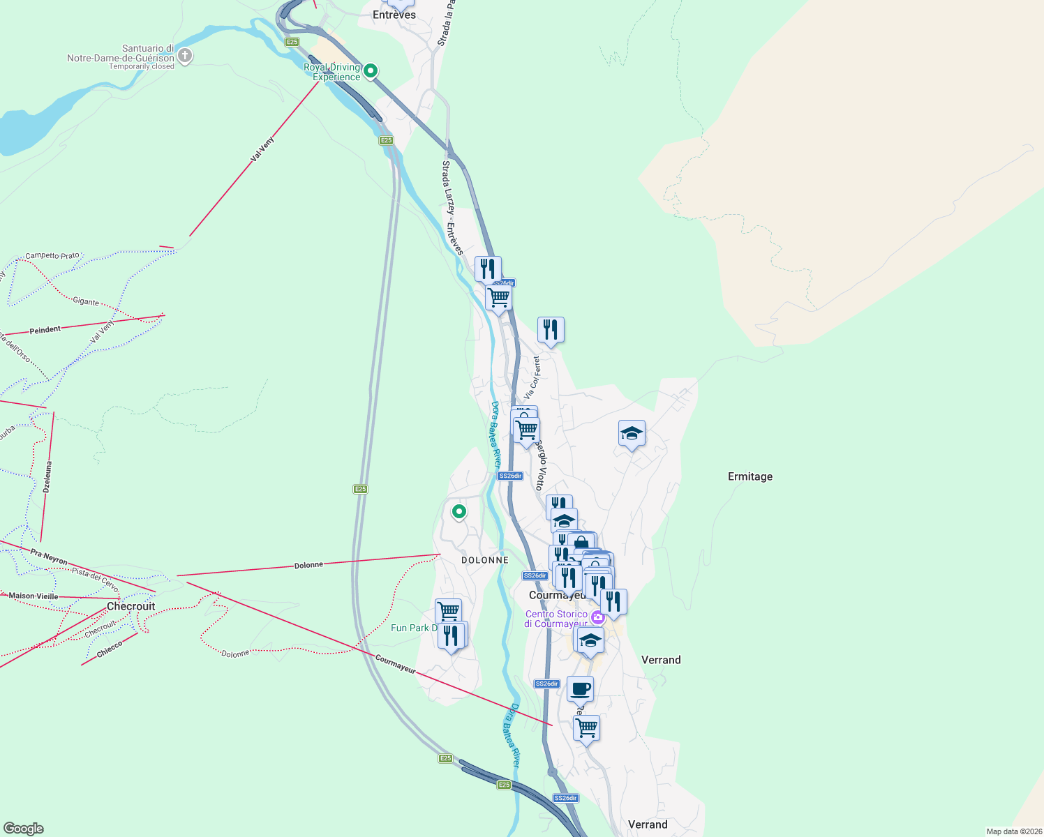 map of restaurants, bars, coffee shops, grocery stores, and more near 2 Strada Larzey - Entreves in Courmayeur