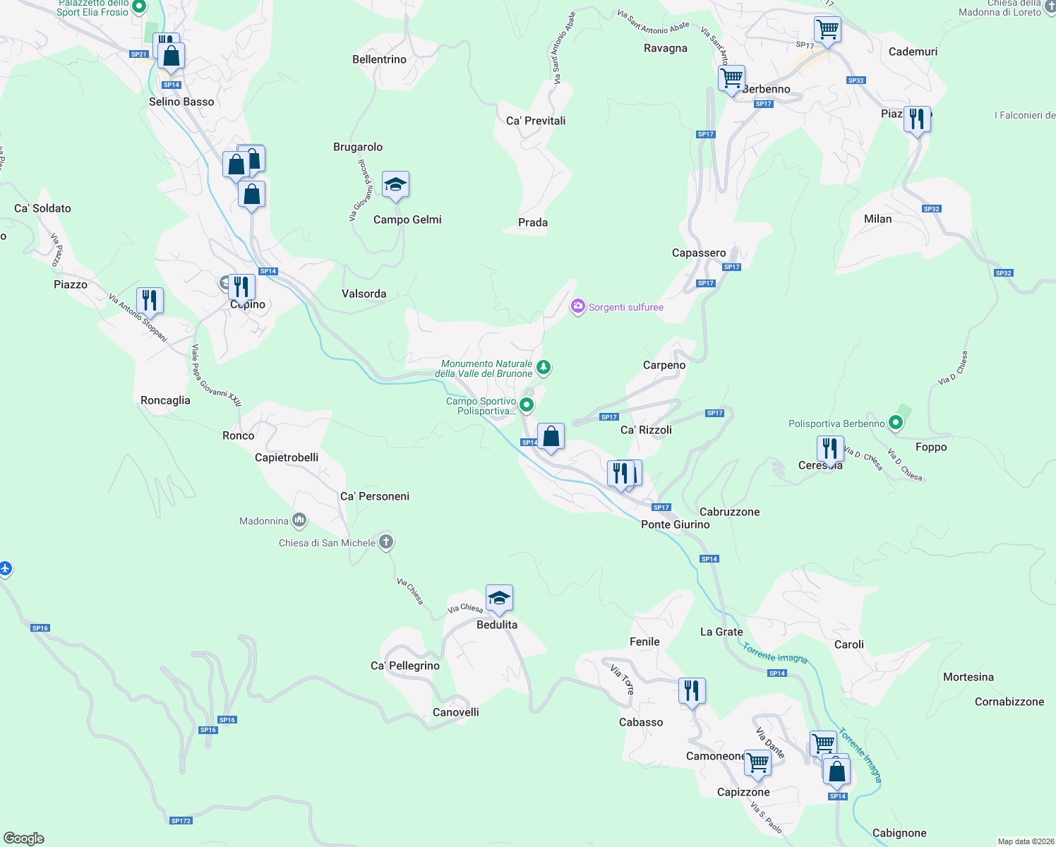map of restaurants, bars, coffee shops, grocery stores, and more near 112 Via A. Stoppani in Ponte Giurino