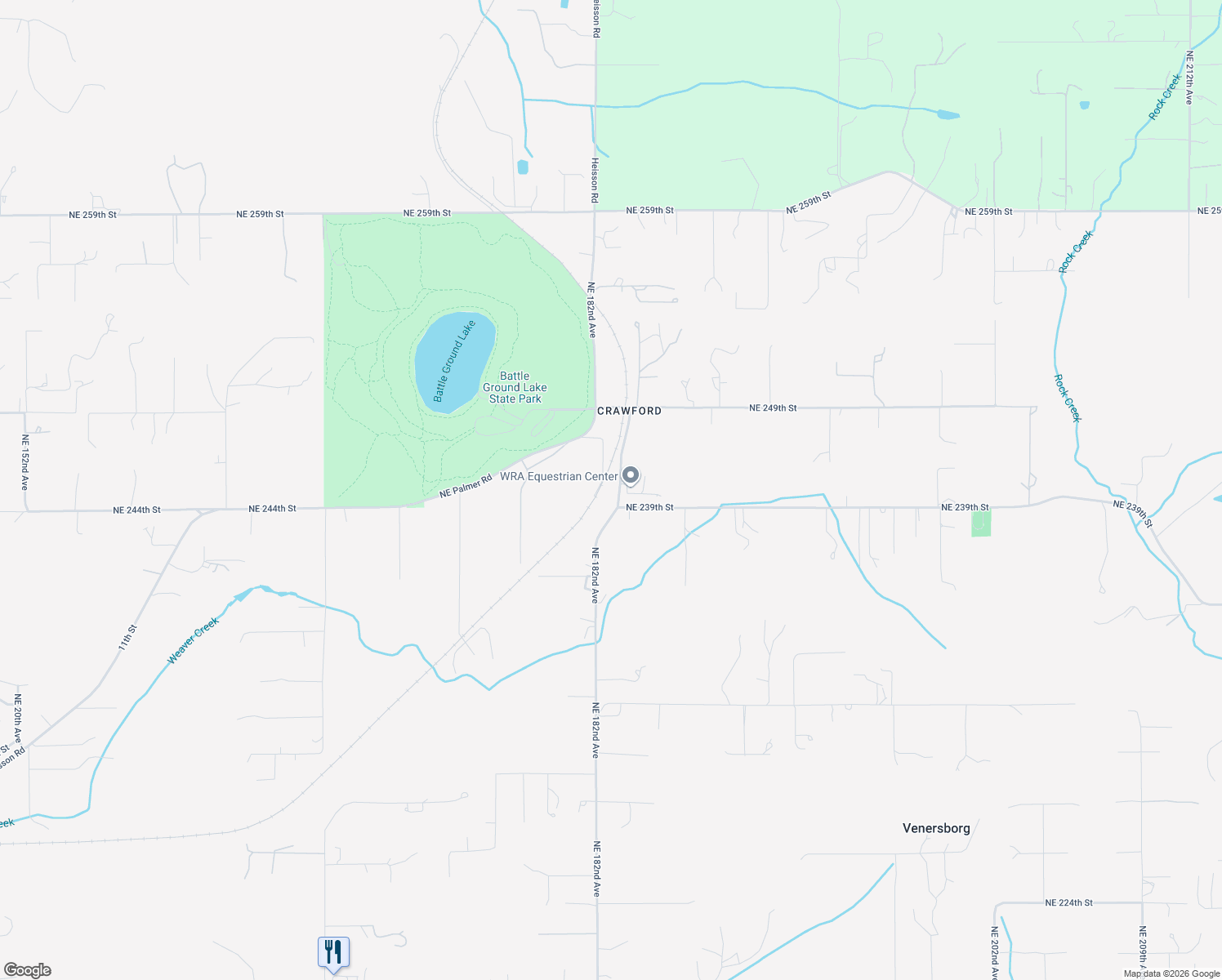 map of restaurants, bars, coffee shops, grocery stores, and more near 24508 Northeast Crawford Road in Battle Ground