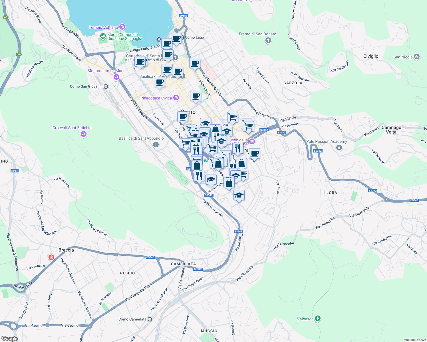 map of restaurants, bars, coffee shops, grocery stores, and more near 14 Via Francesco Anzani in Como