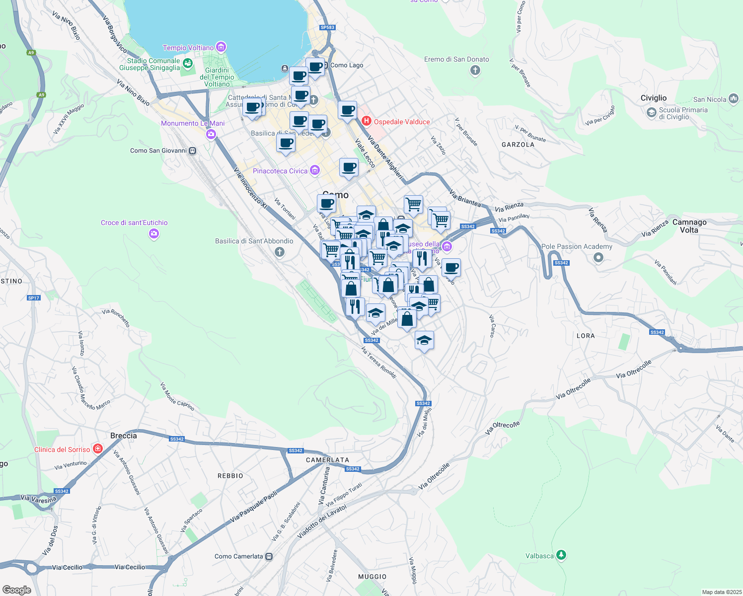 map of restaurants, bars, coffee shops, grocery stores, and more near 14 Via Francesco Anzani in Como