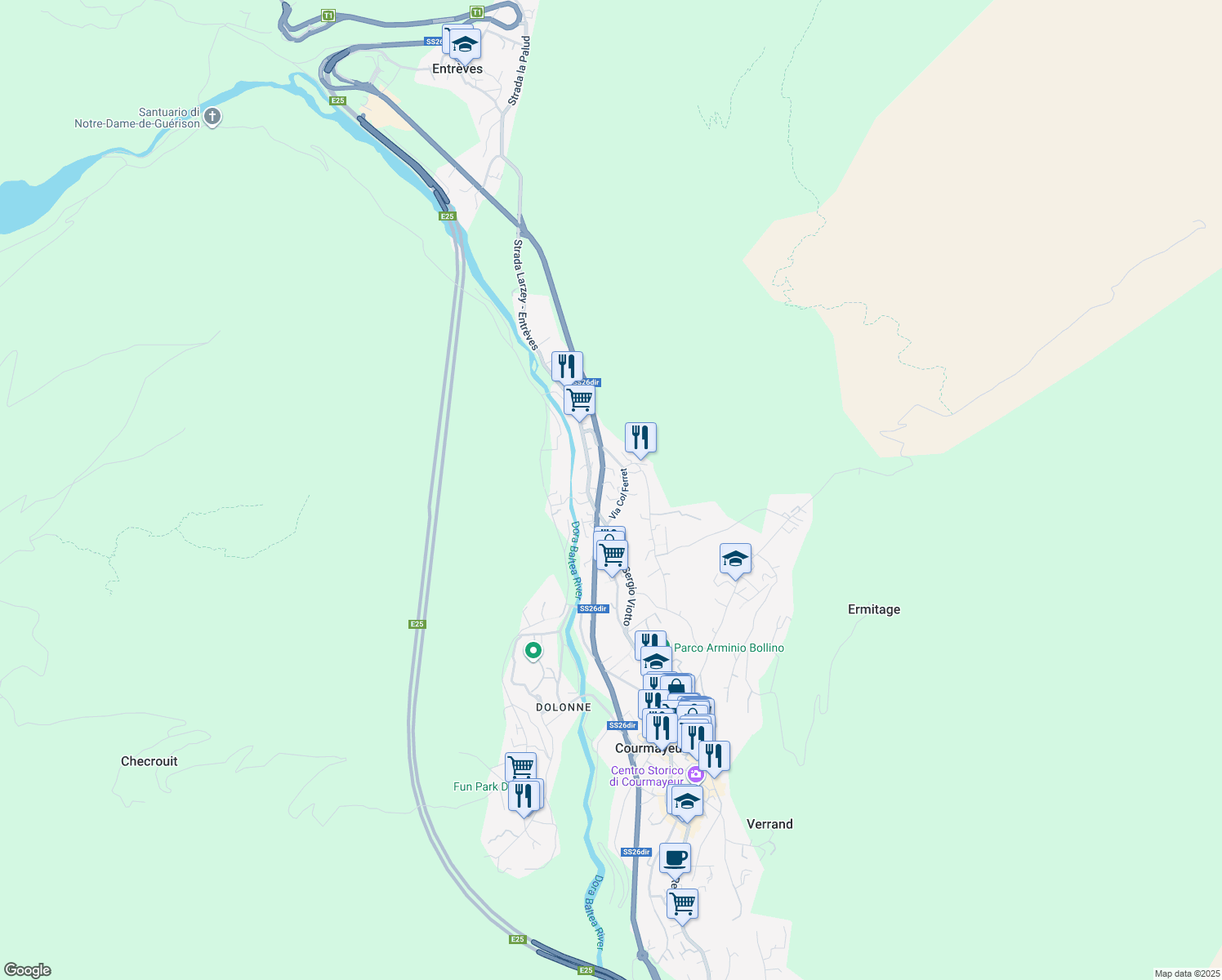map of restaurants, bars, coffee shops, grocery stores, and more near 26 Via Col Ferret in Courmayeur