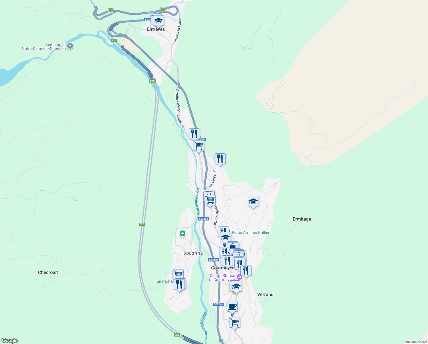 map of restaurants, bars, coffee shops, grocery stores, and more near 26 Via Col Ferret in Courmayeur