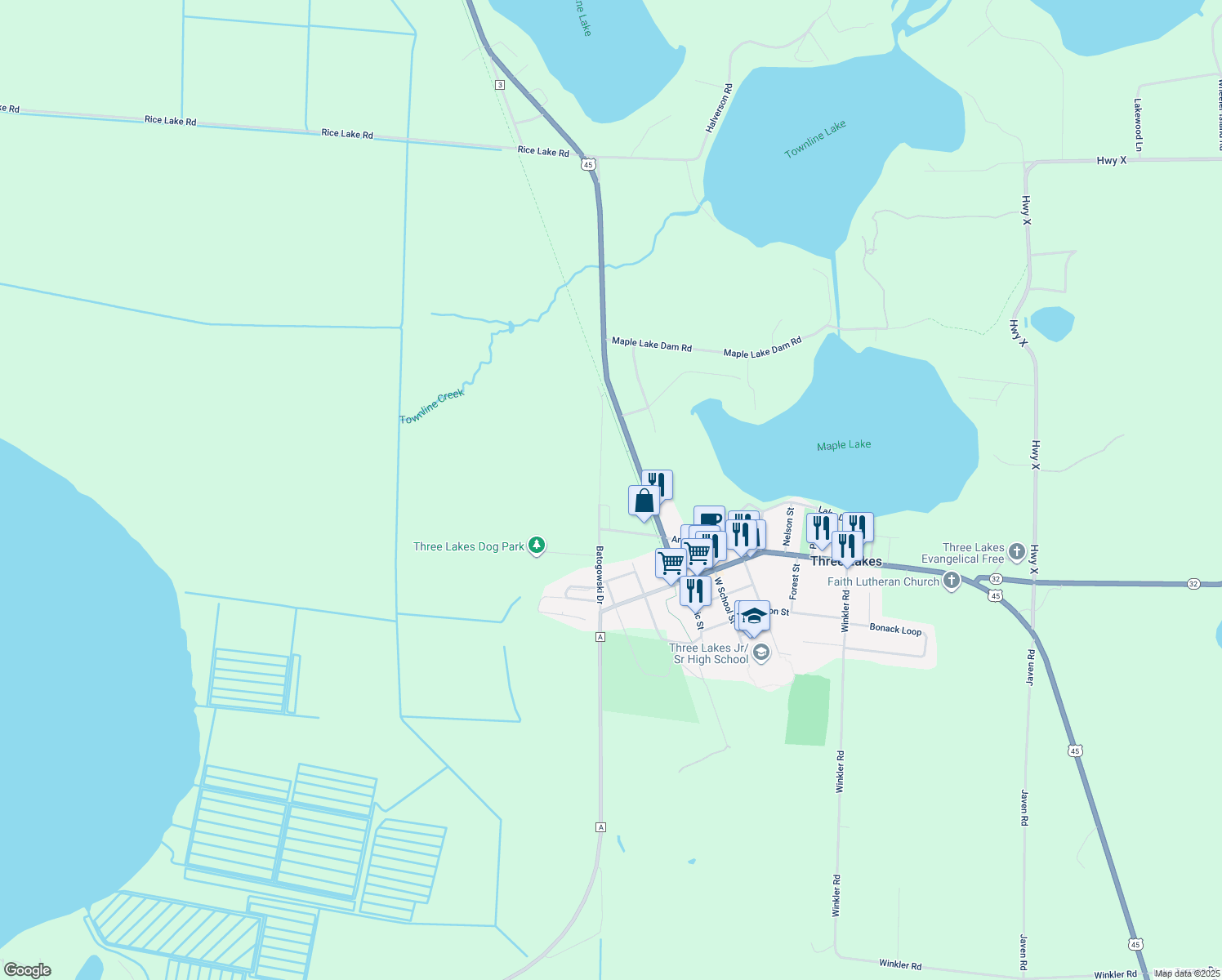 map of restaurants, bars, coffee shops, grocery stores, and more near 7050 Batogowski Drive in Three Lakes