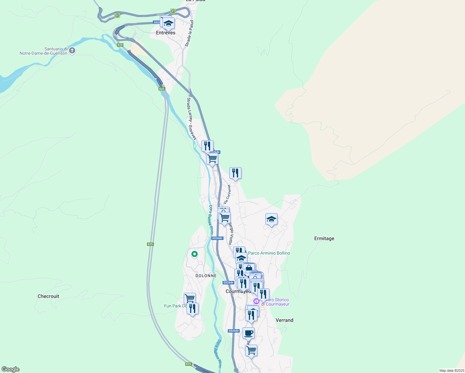 map of restaurants, bars, coffee shops, grocery stores, and more near in Courmayeur