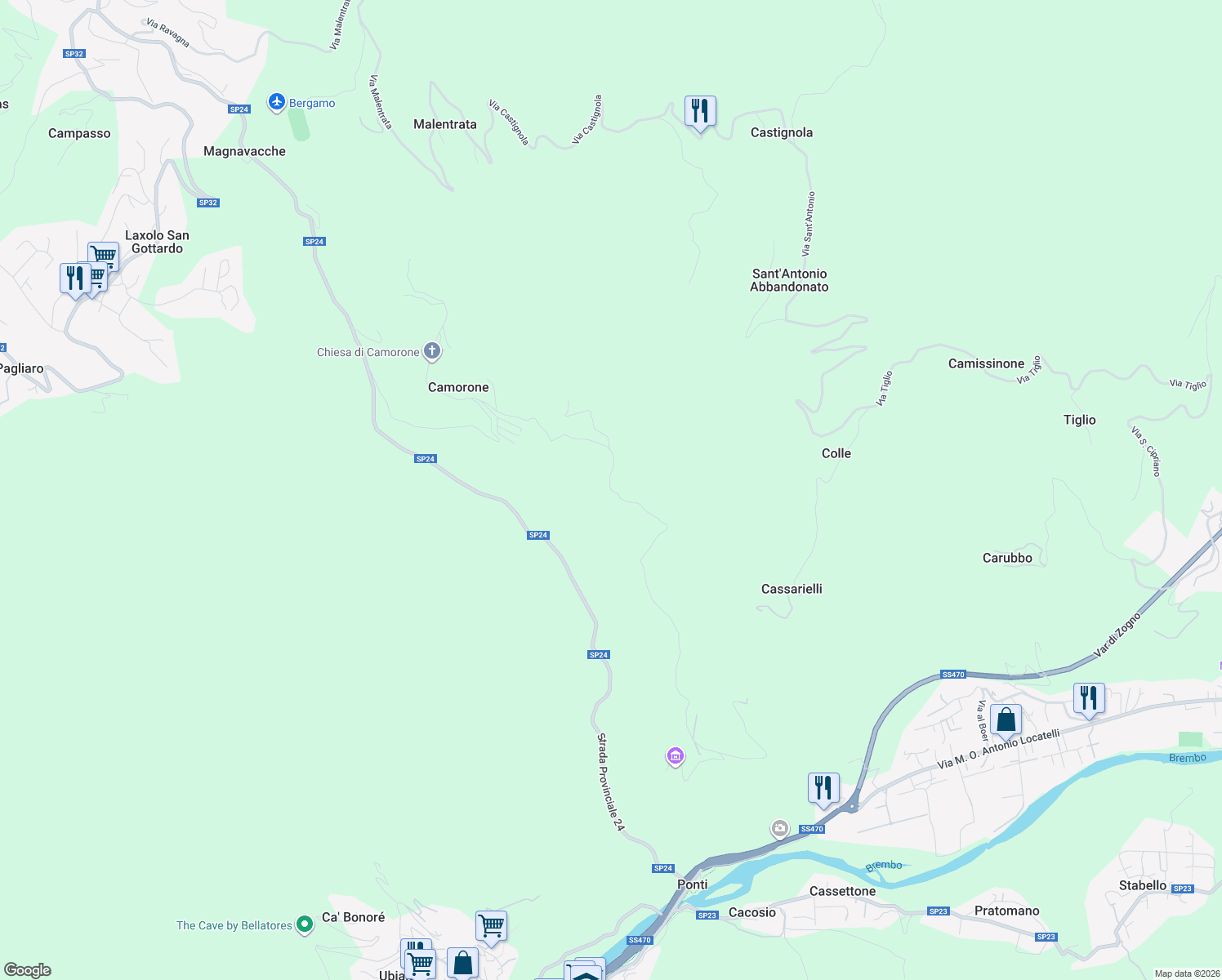 map of restaurants, bars, coffee shops, grocery stores, and more near 13 Via Pamparato in Provincia di Bergamo