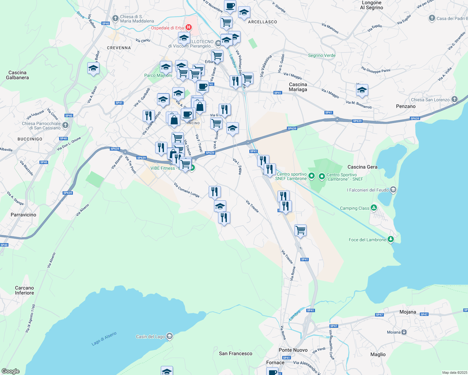 map of restaurants, bars, coffee shops, grocery stores, and more near 46 Via L. Zappa in Erba