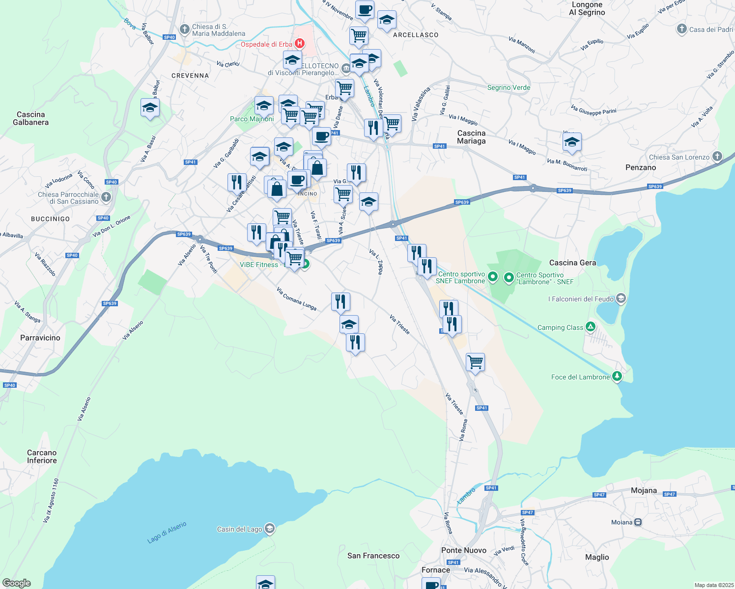 map of restaurants, bars, coffee shops, grocery stores, and more near 46 Via L. Zappa in Erba