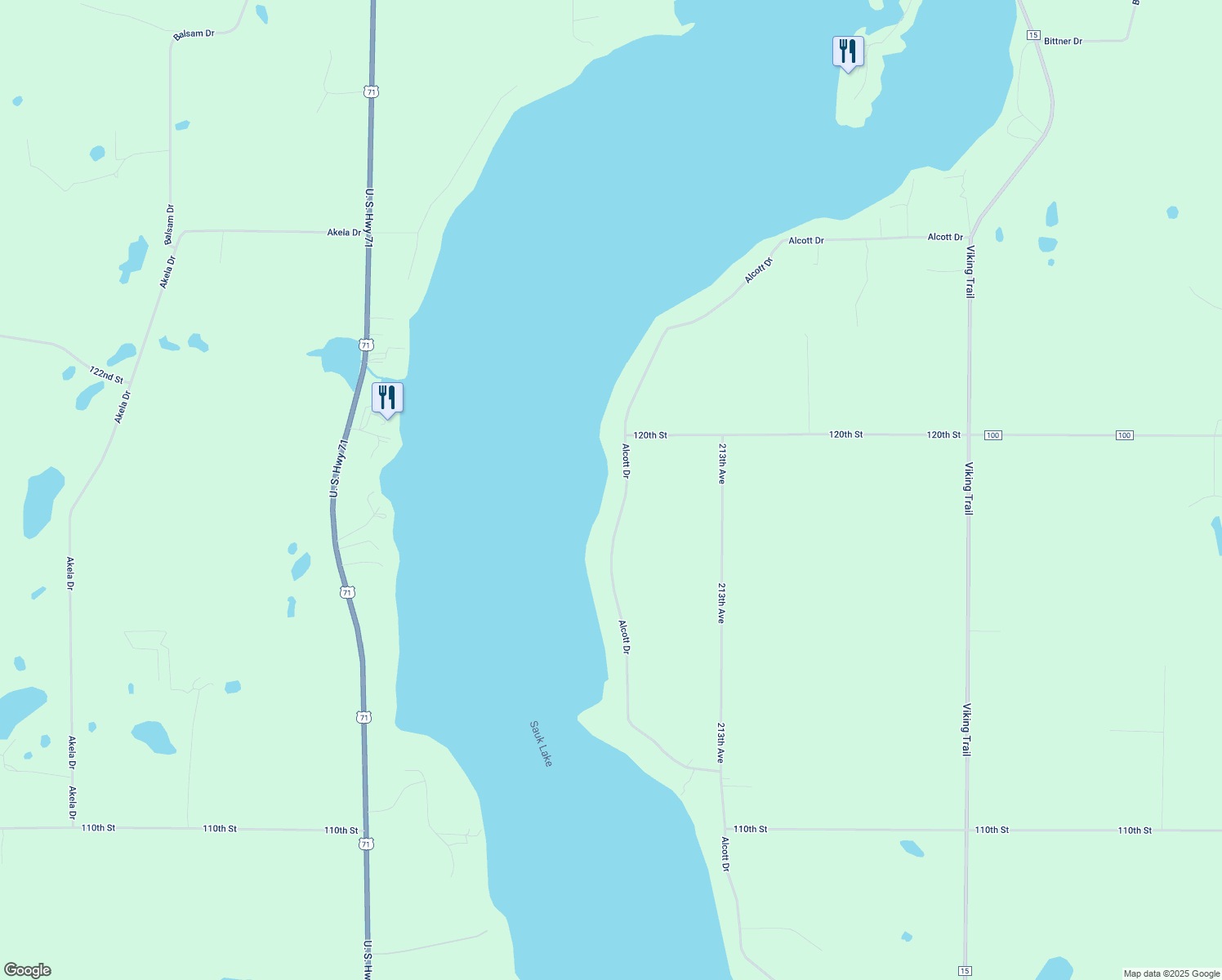 map of restaurants, bars, coffee shops, grocery stores, and more near 11885 Alcott Drive in Sauk Centre