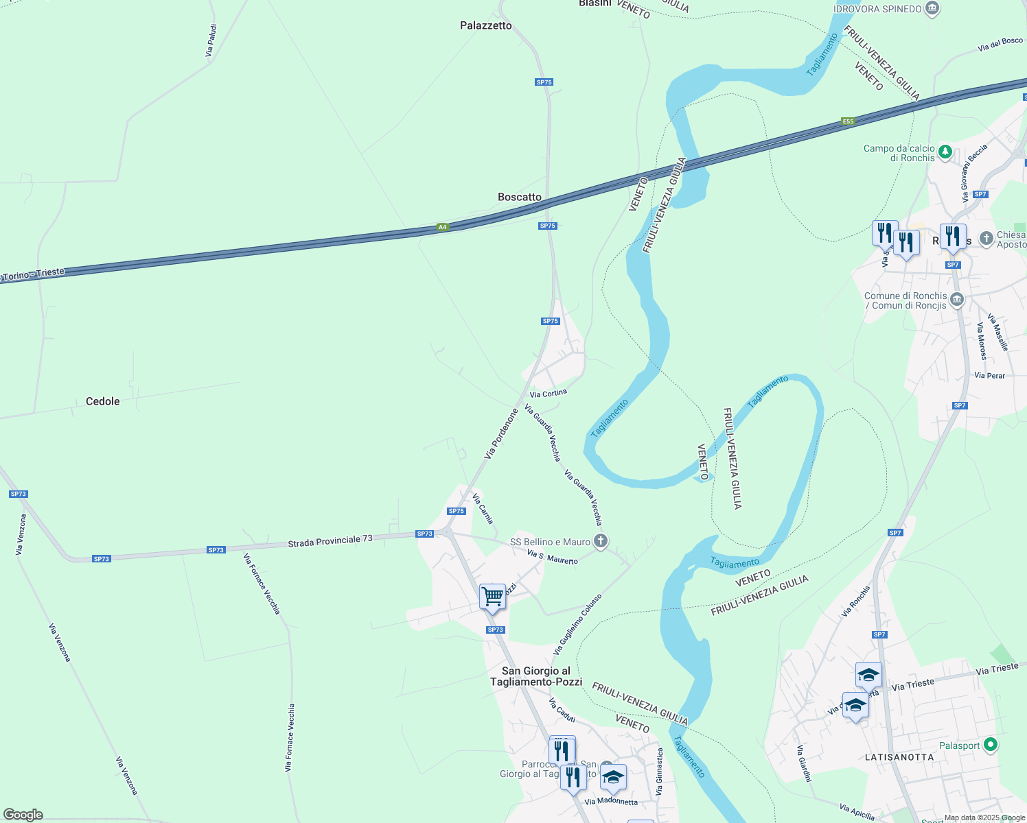 map of restaurants, bars, coffee shops, grocery stores, and more near Strada Provinciale 75 in San Giorgio Al Tagliamento-pozzi