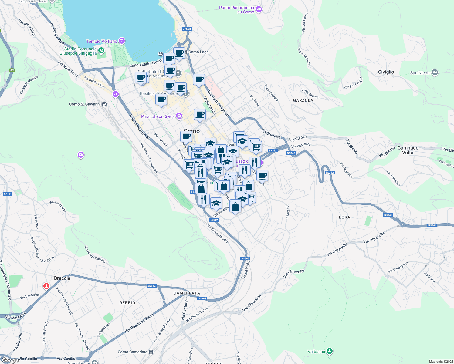 map of restaurants, bars, coffee shops, grocery stores, and more near 28 Viale Giulio Cesare in Como