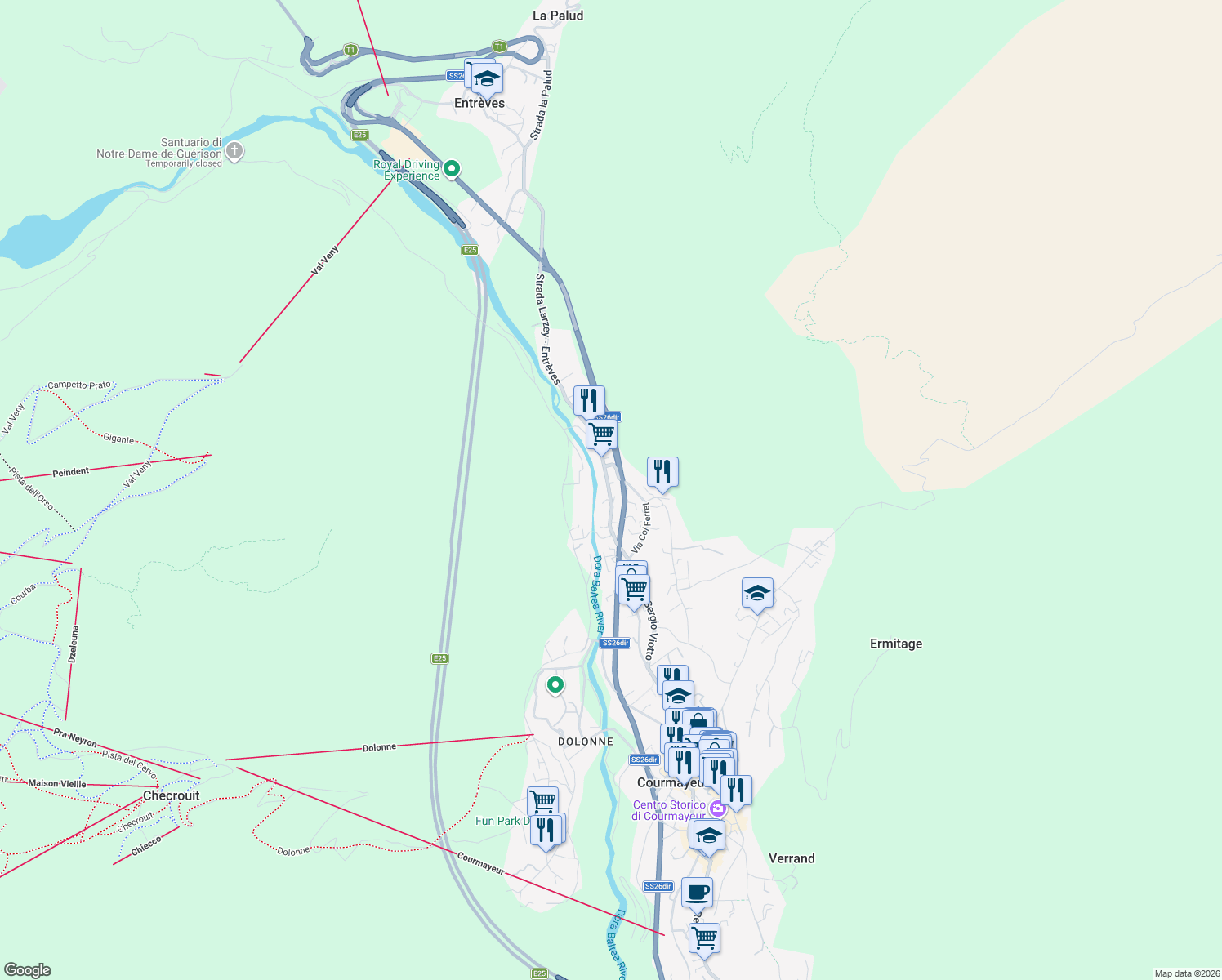 map of restaurants, bars, coffee shops, grocery stores, and more near 2 Strada Larzey - Entrèves in Courmayeur