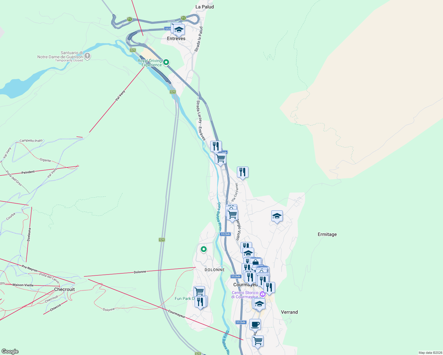 map of restaurants, bars, coffee shops, grocery stores, and more near 2 Strada Larzey - Entrèves in Courmayeur