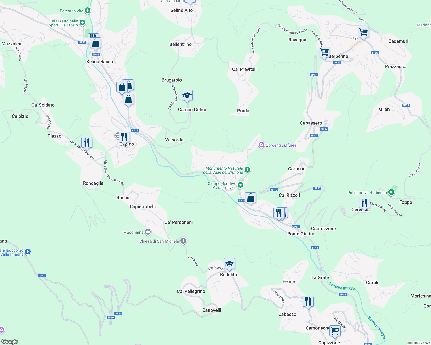 map of restaurants, bars, coffee shops, grocery stores, and more near 14 Via Valsorda in Ponte Giurino