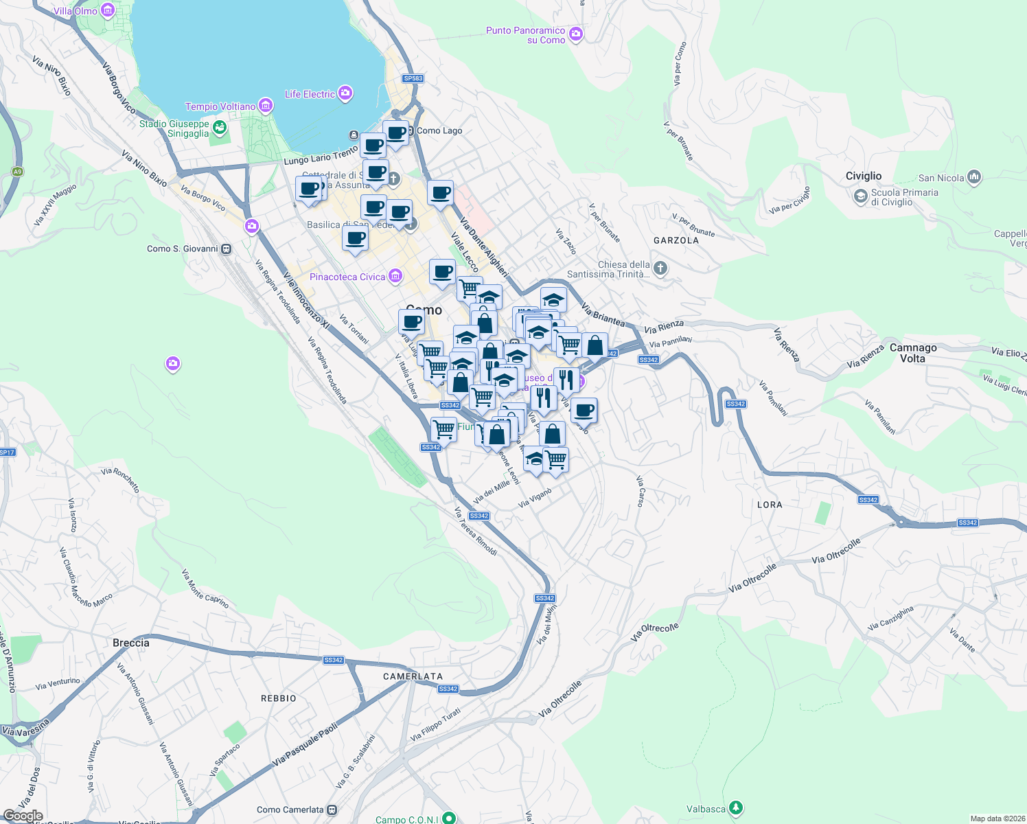 map of restaurants, bars, coffee shops, grocery stores, and more near 46 Viale Aldo Moro in Como