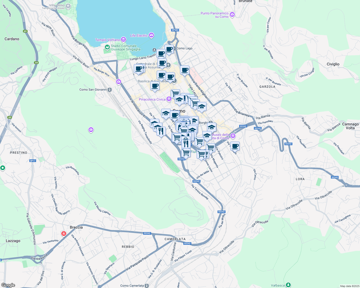 map of restaurants, bars, coffee shops, grocery stores, and more near 17 Via Roosevelt in Como