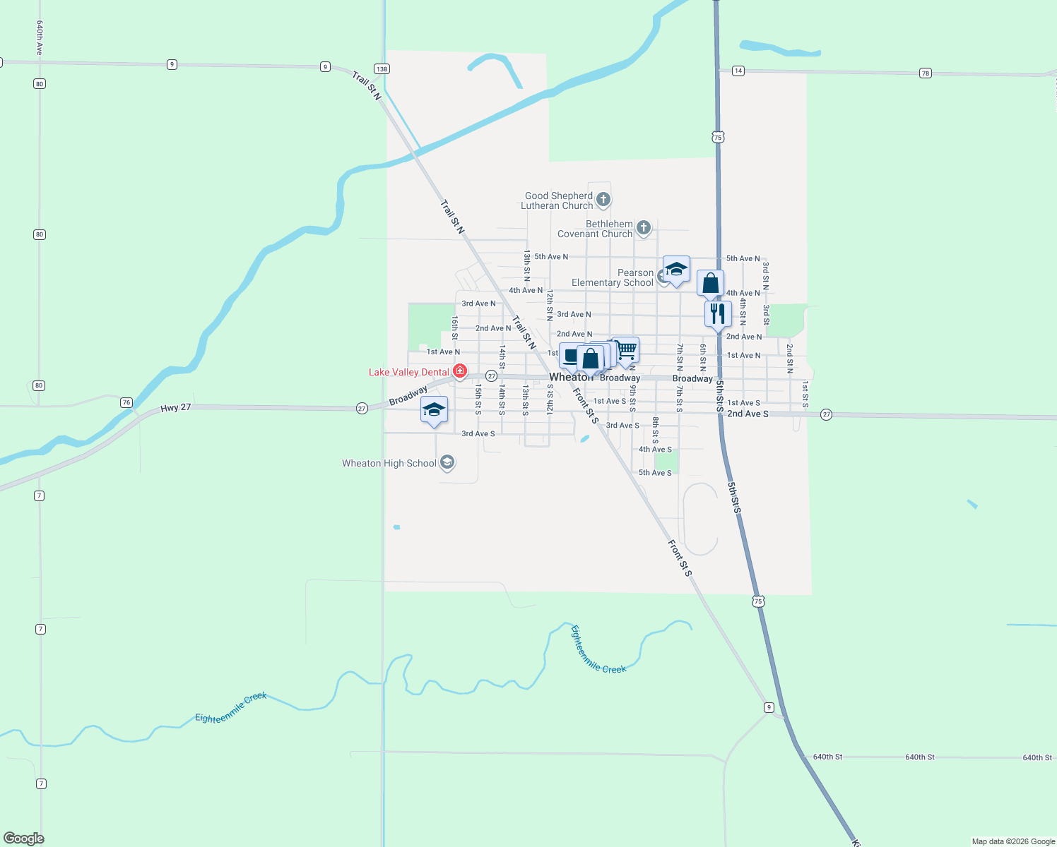 map of restaurants, bars, coffee shops, grocery stores, and more near 301 13th Street South in Wheaton