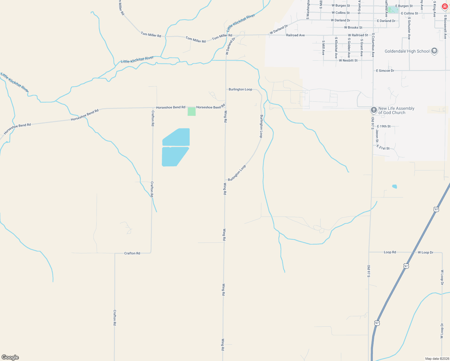map of restaurants, bars, coffee shops, grocery stores, and more near 136 Wing Road in Goldendale